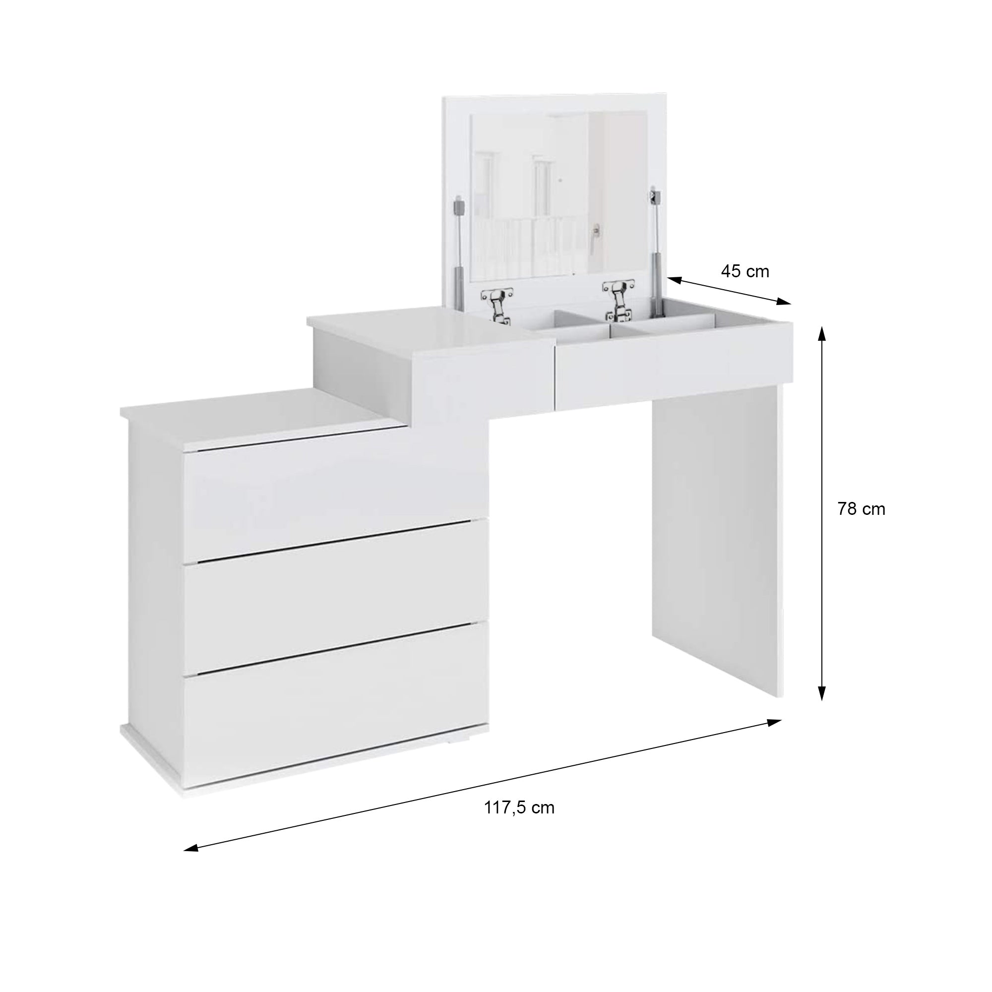 Tavolo da trucco bianco con specchio e due lavandini, dimensioni: 117,5 cm x 78 cm x 45 cm.