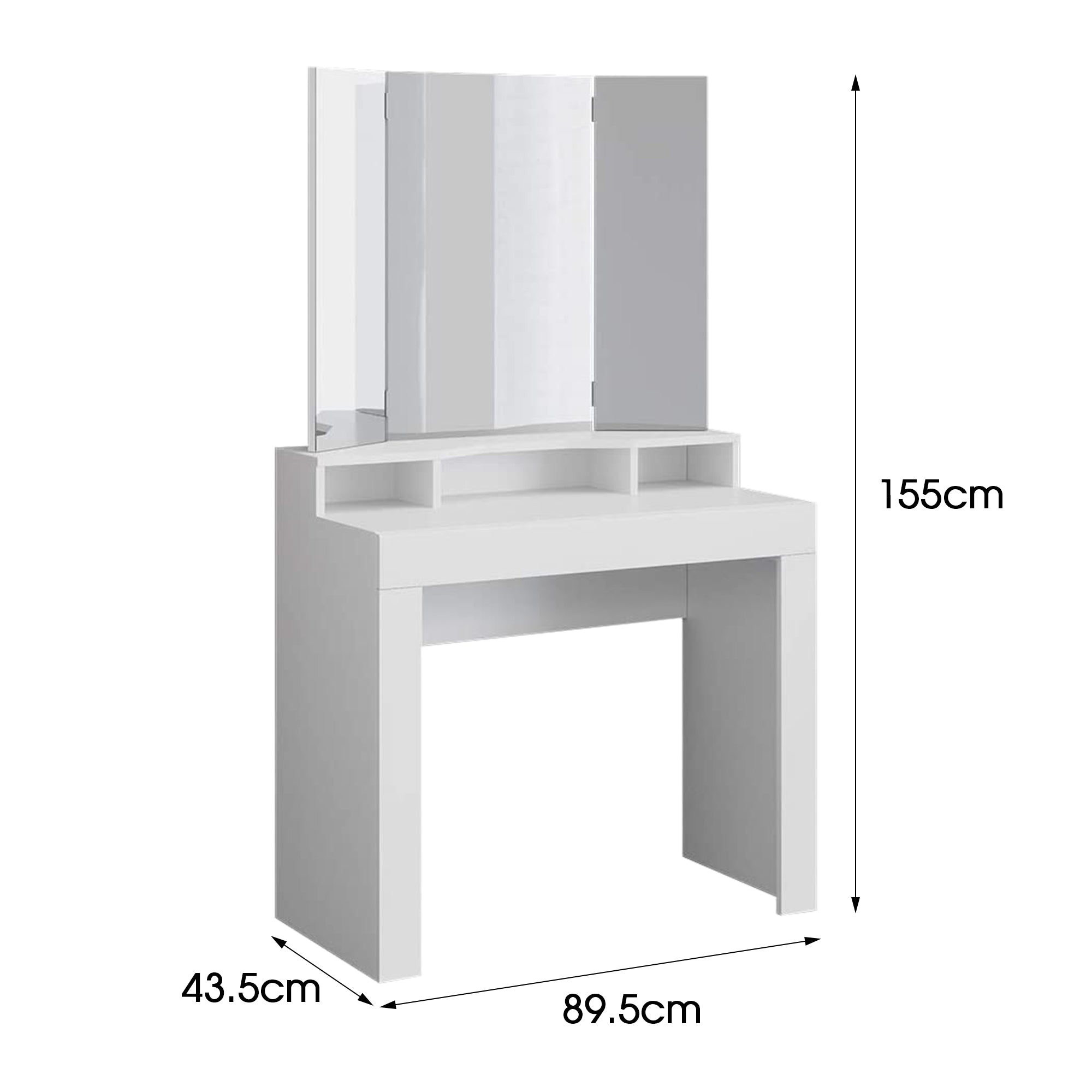 Egy fehér sminkasztal méretezése tükörrel, magassága 155 cm, szélessége 89,5 cm.