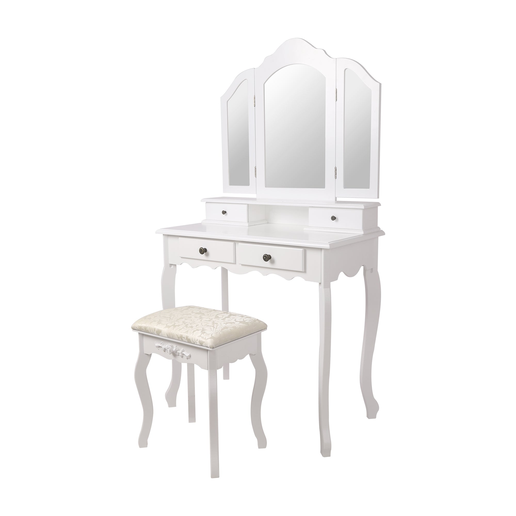 Coiffeuse blanche avec trois miroirs et deux tiroirs, à côté un tabouret rembourré.