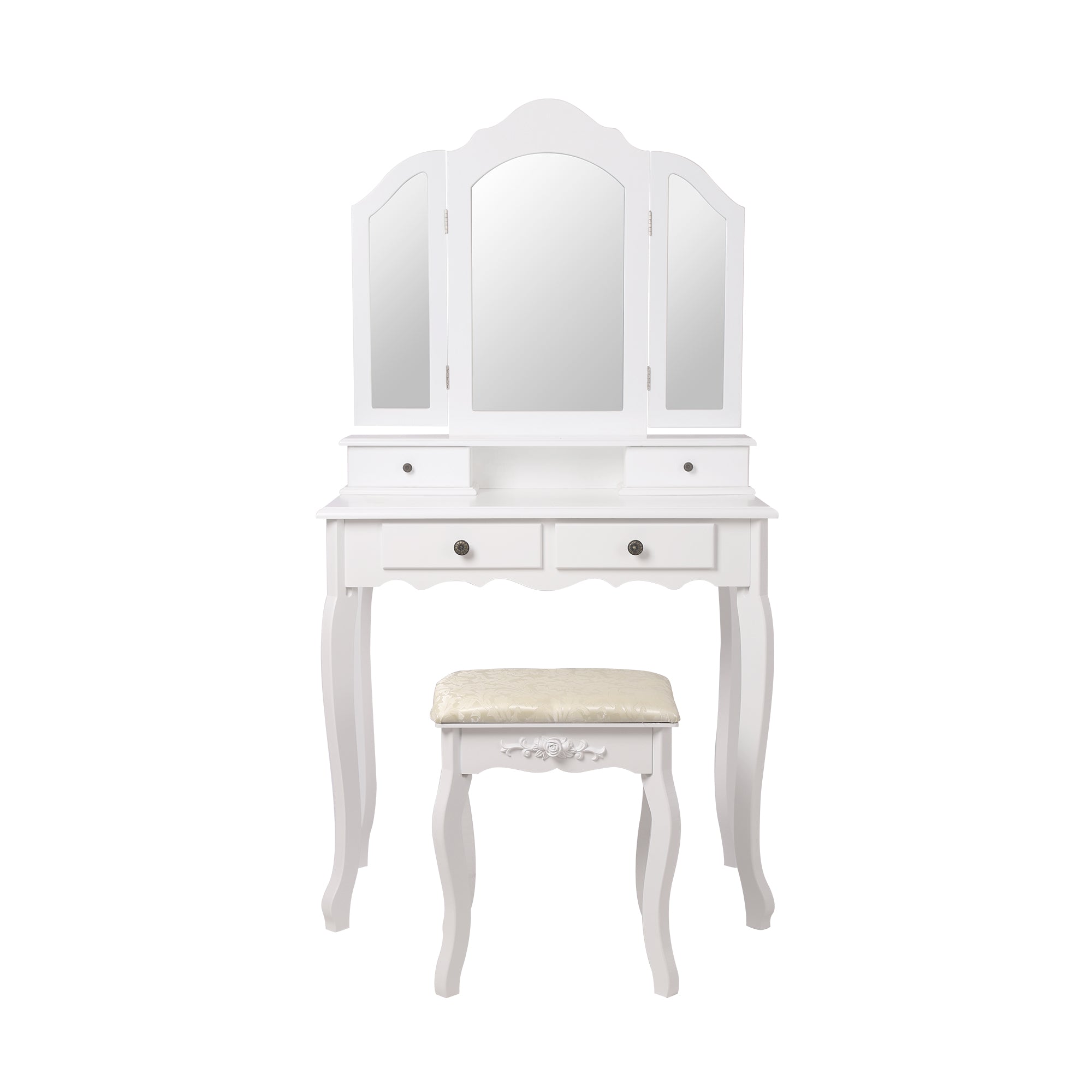 Une coiffeuse blanche avec trois miroirs et un tabouret.