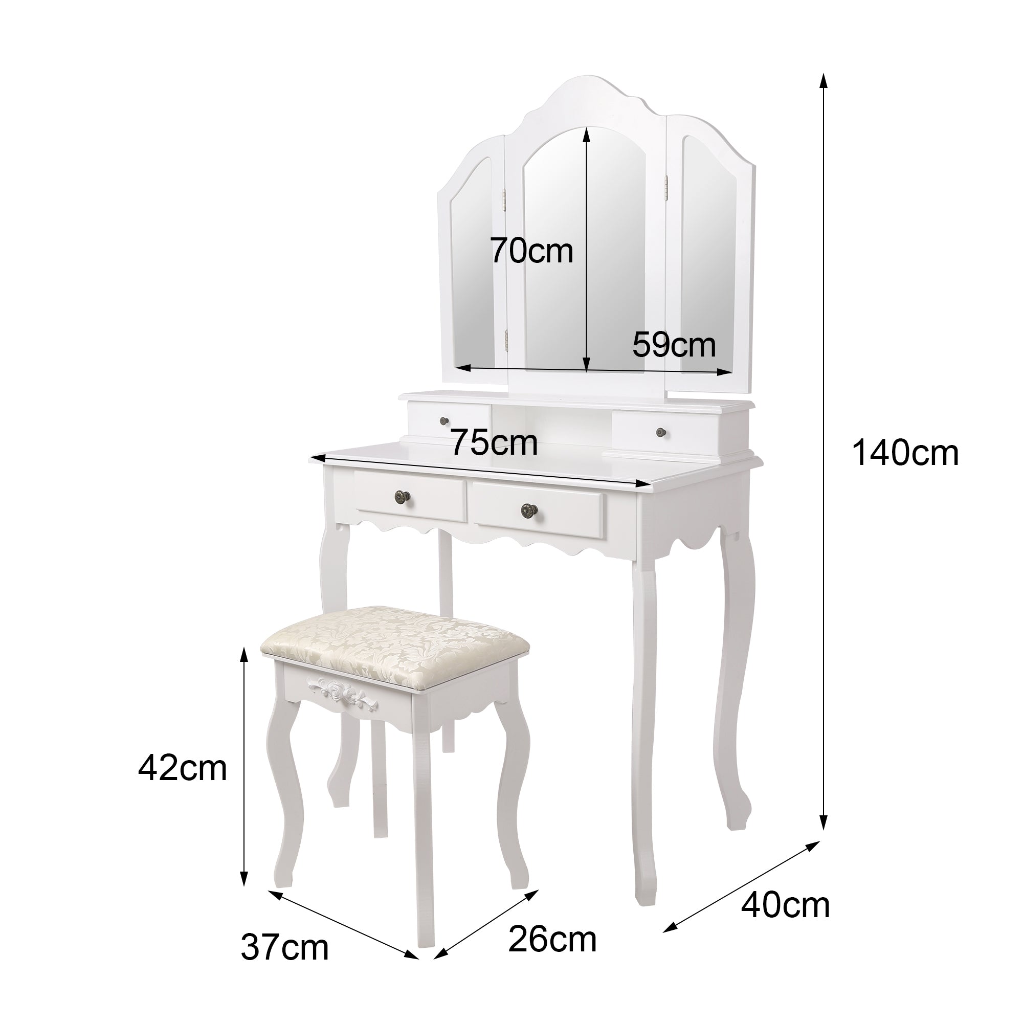 Tavolo da trucco bianco con tre specchi, cassetto e sgabello, misure: 140 cm di altezza, 75 cm di larghezza.