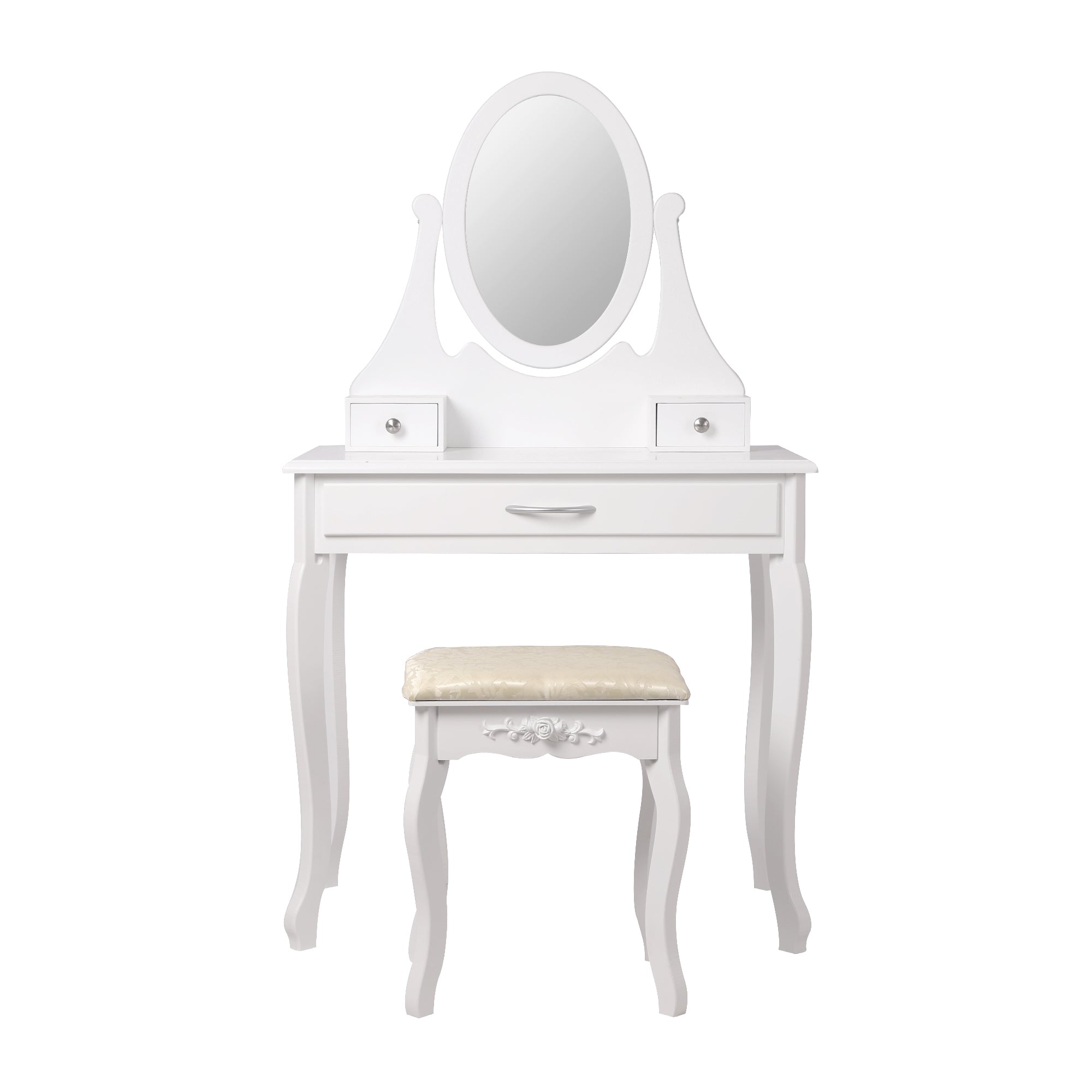 Coiffeuse blanche avec miroir ovale et deux tiroirs.