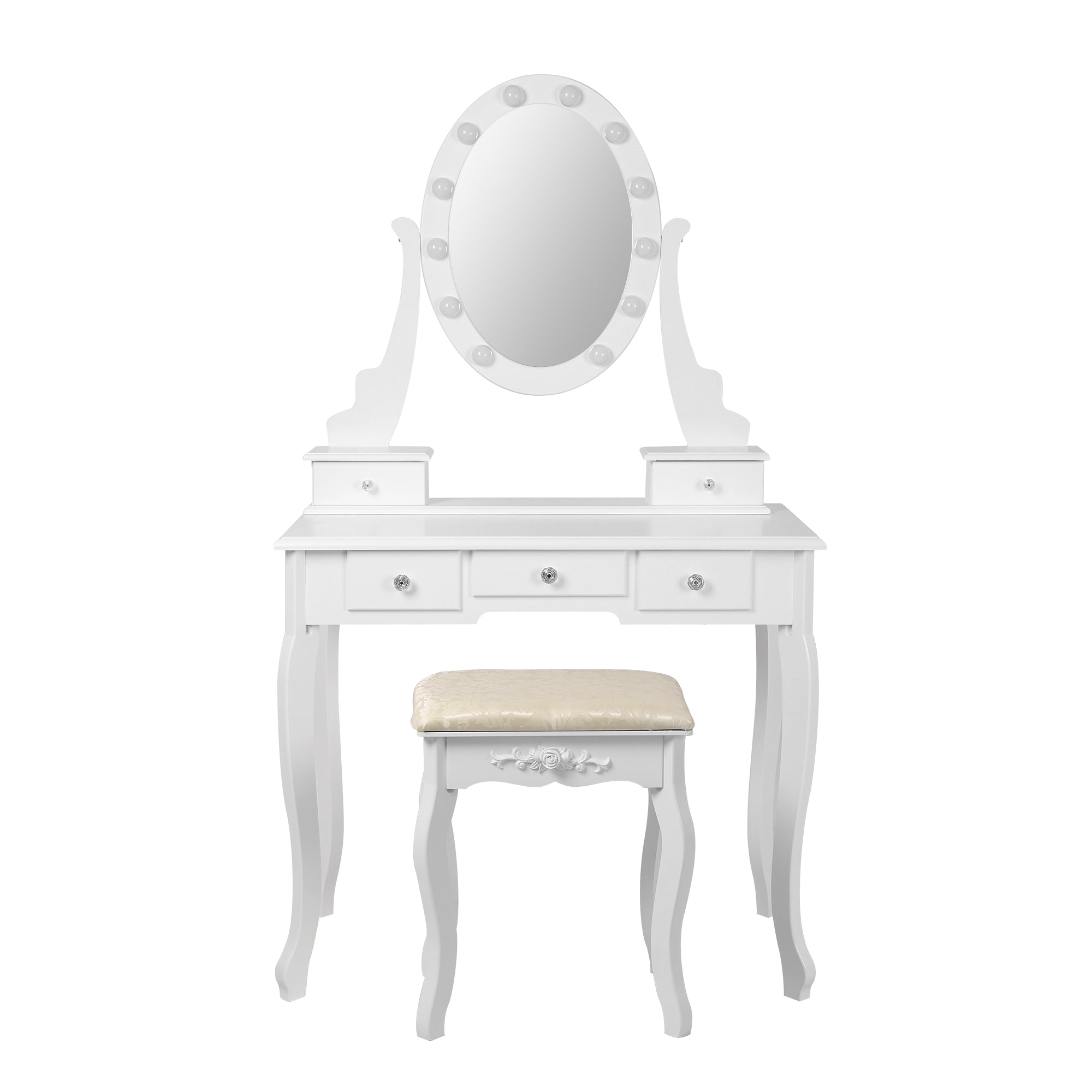Coiffeuse blanche avec miroir ovale et détails décoratifs.