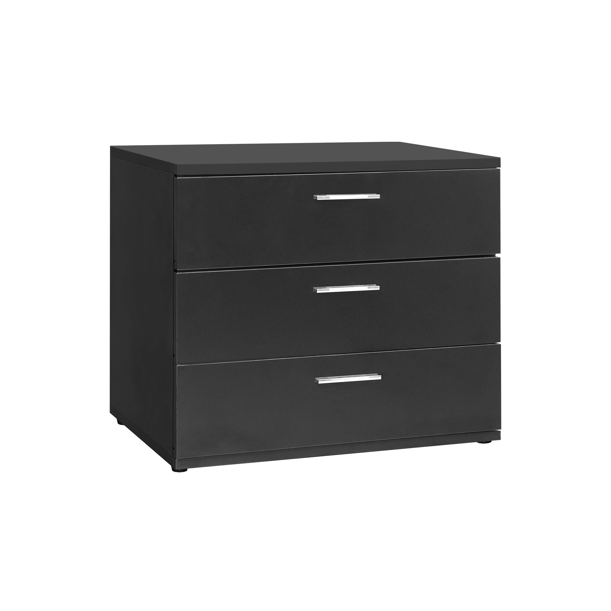 A black chest of drawers with three drawers and modern handles.