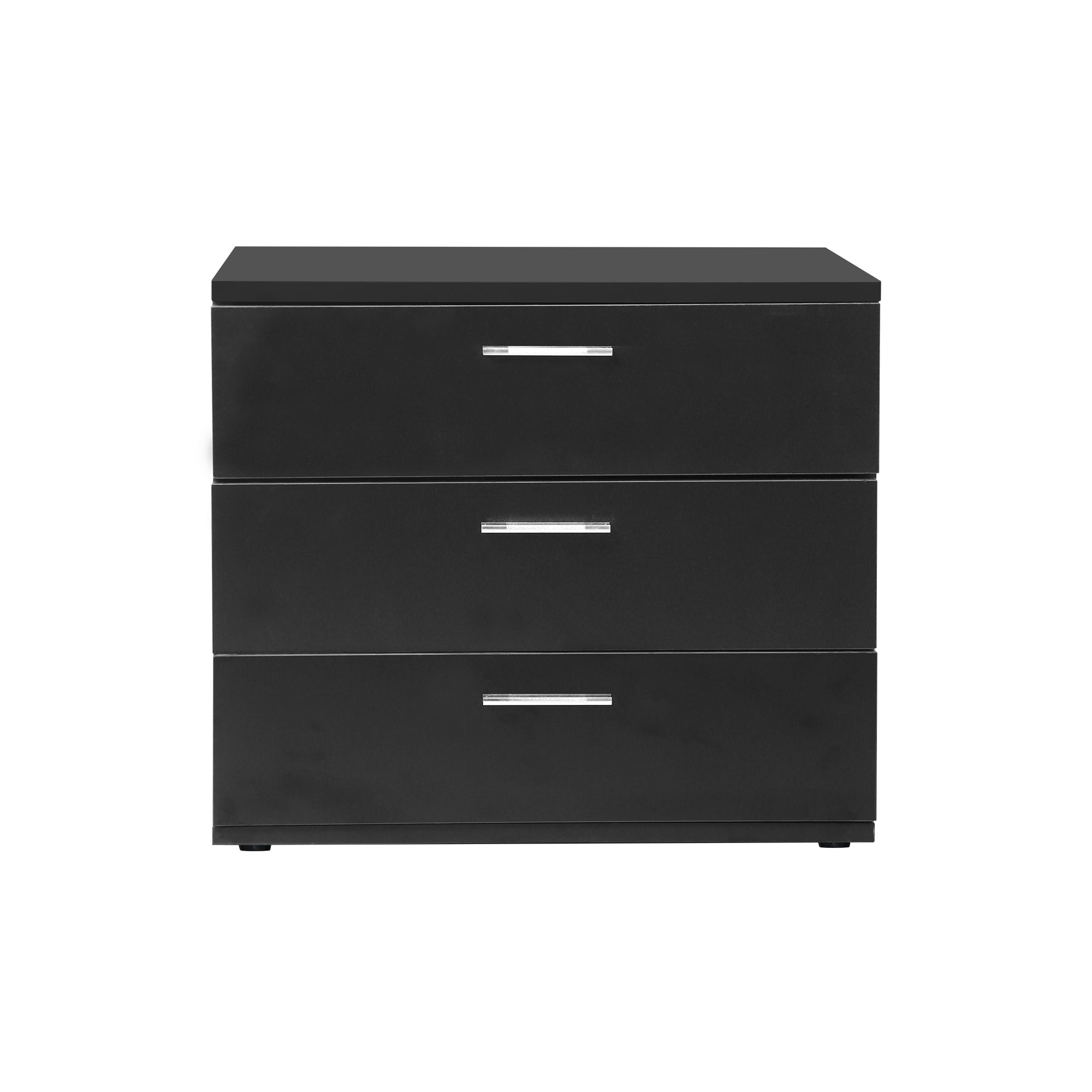 Black chest of drawers with three drawers and metal handles.