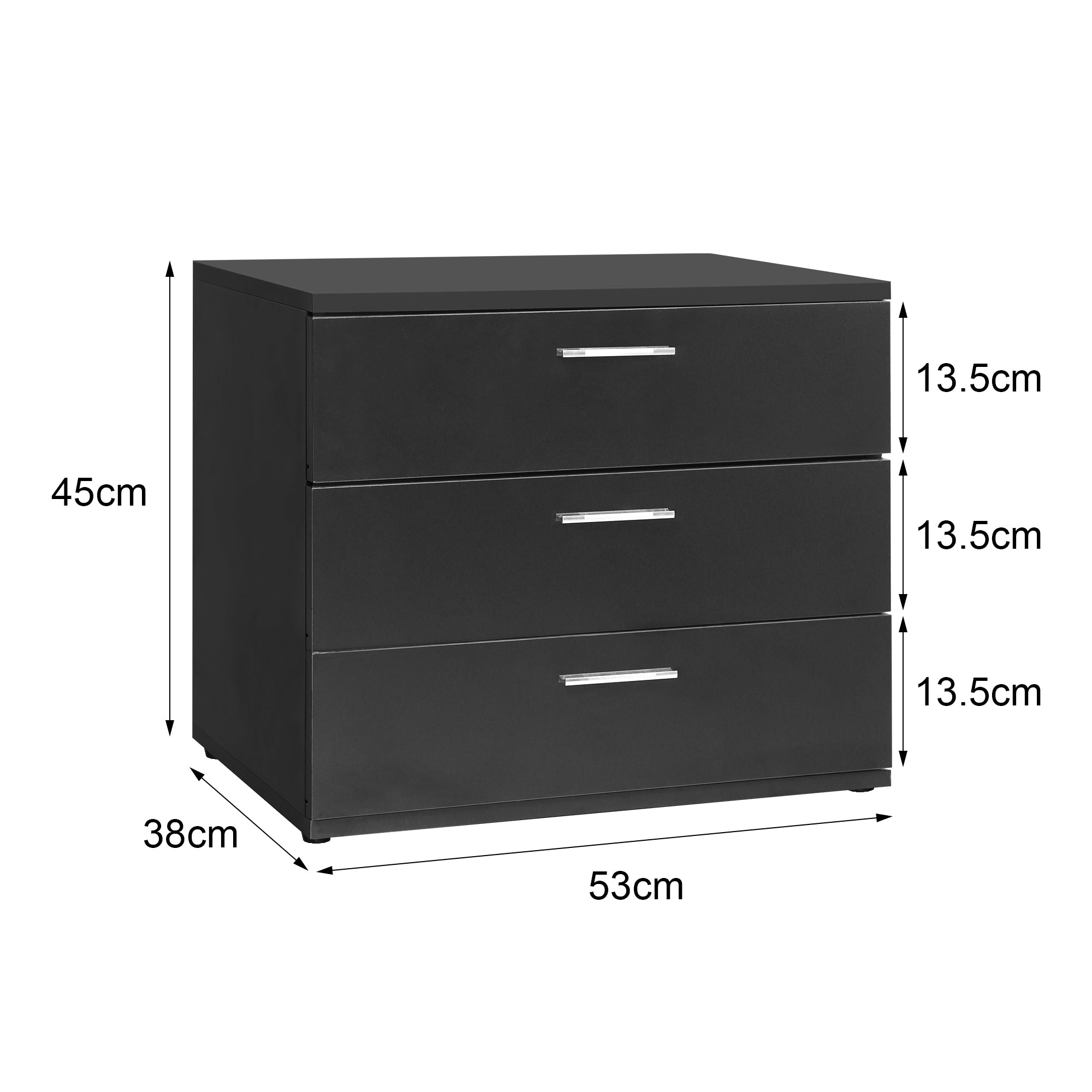 Black cabinet with three drawers, dimensions shown in the image.