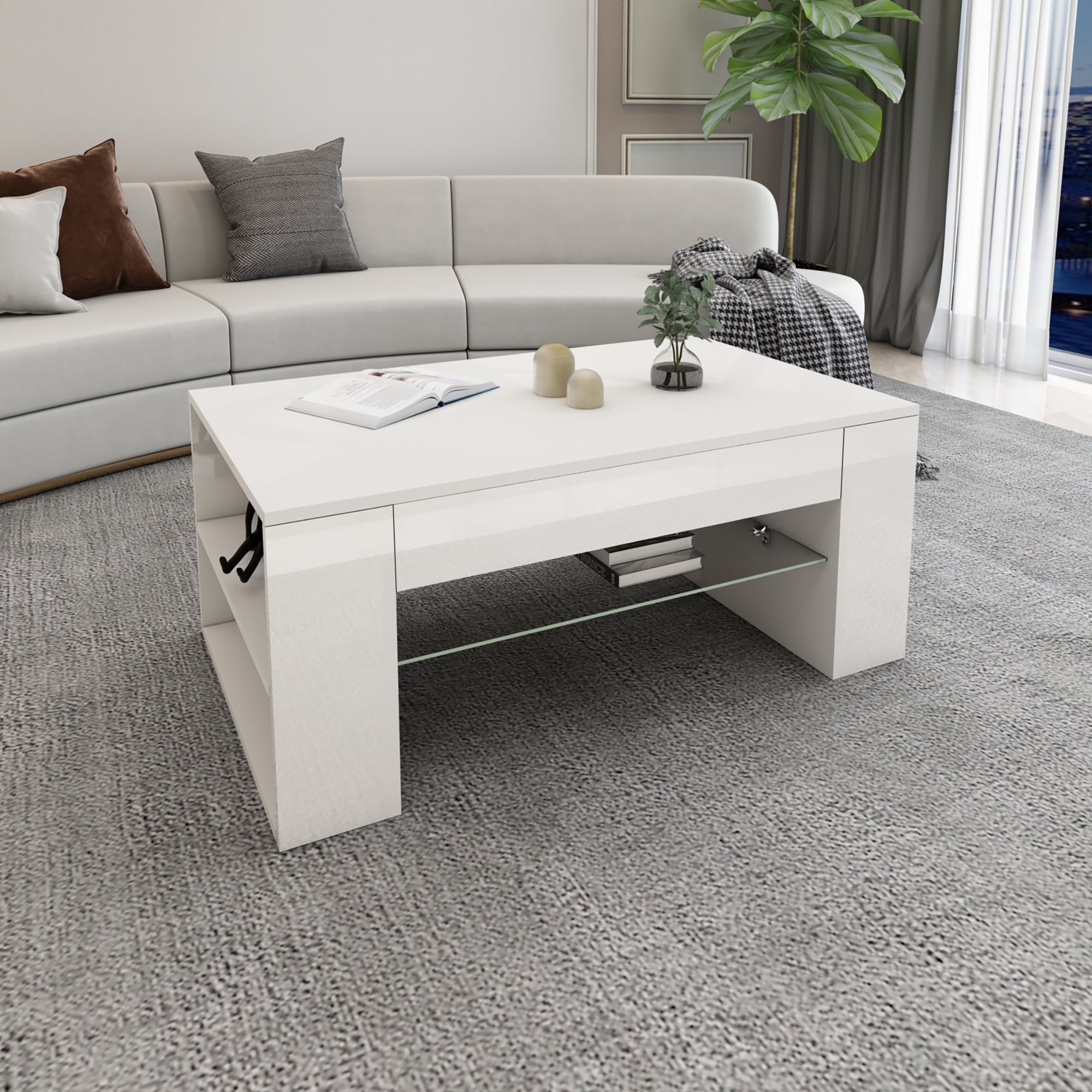 Table basse moderne blanche avec étagère en verre.
