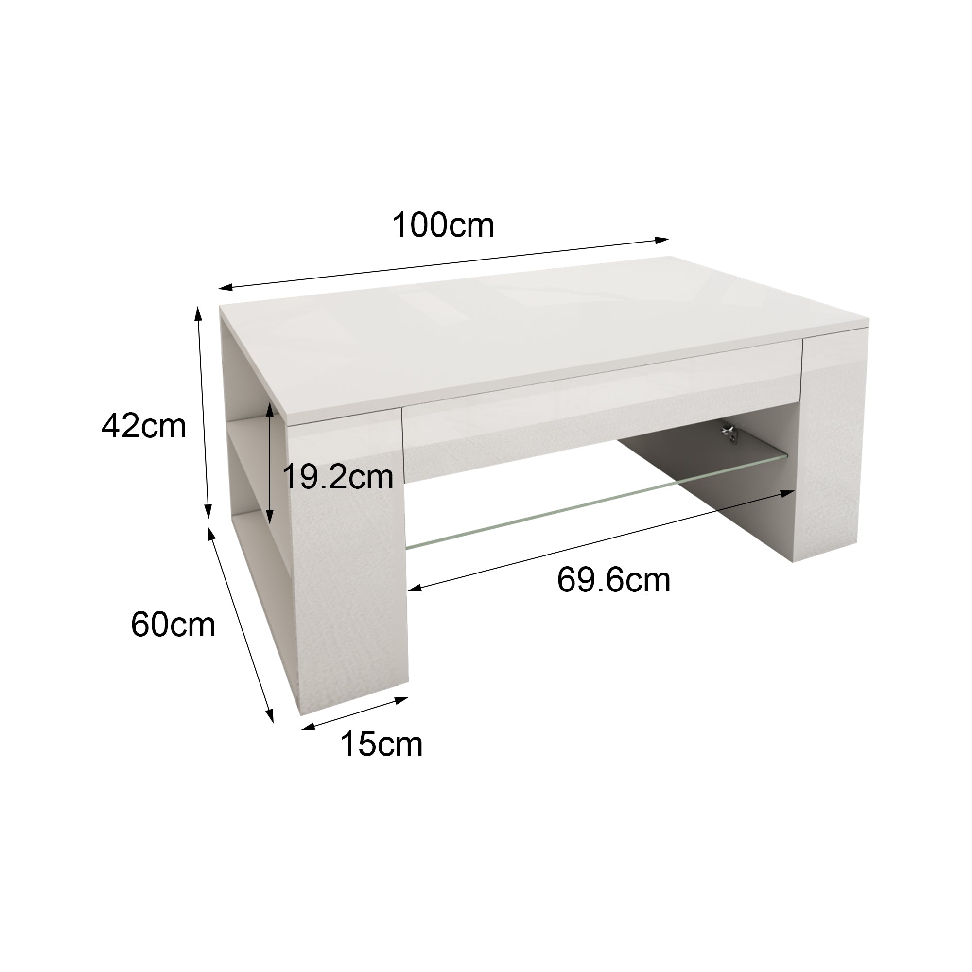 Table basse blanche avec dimensions et un tiroir.