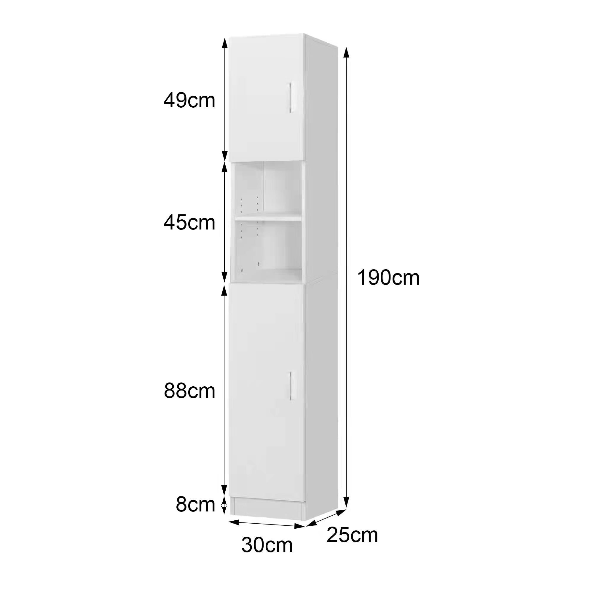 Armadio alto e stretto con due porte e due ripiani, dimensioni indicate.