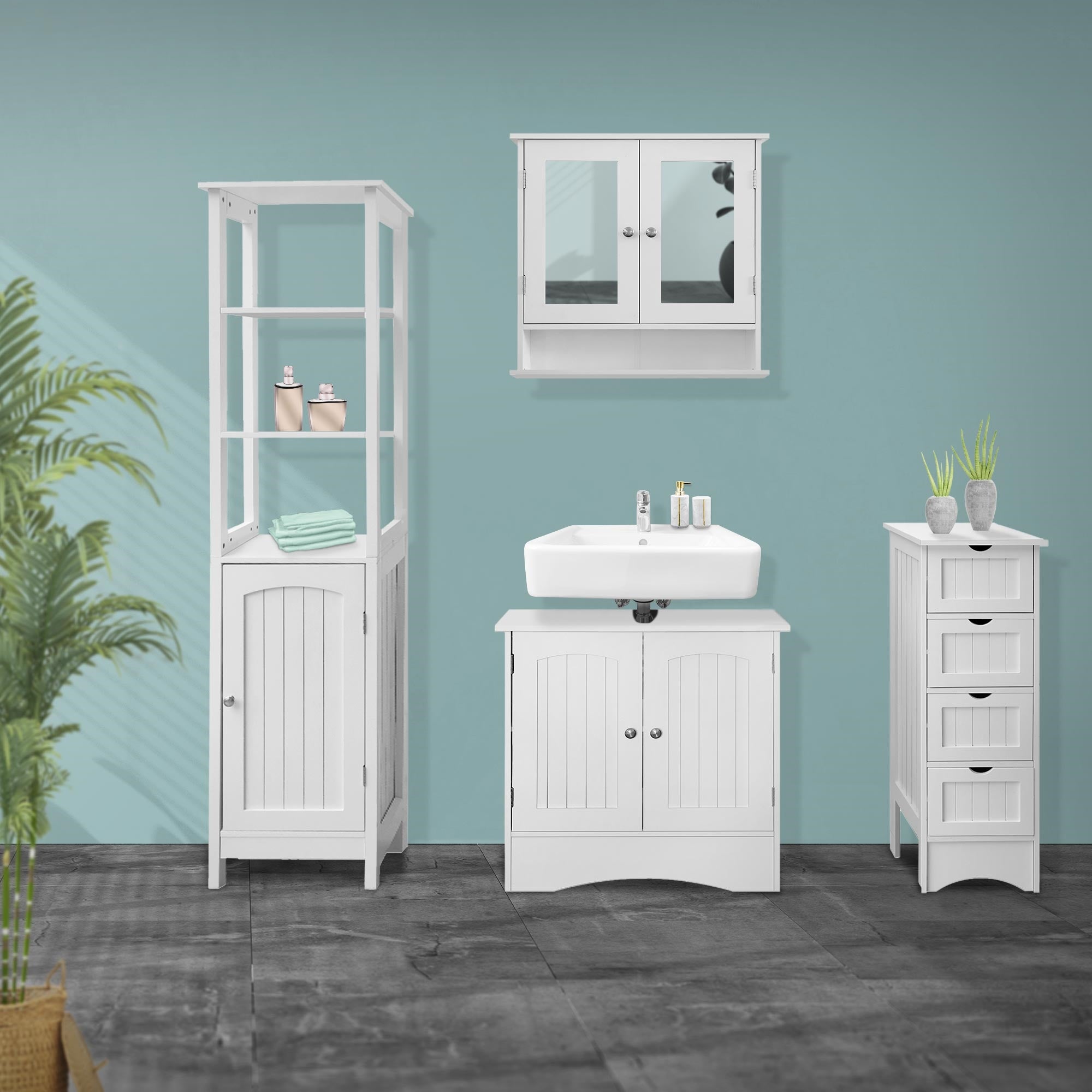 Ensemble de meubles de salle de bain blancs avec lavabo, armoire et étagères devant un fond vert.