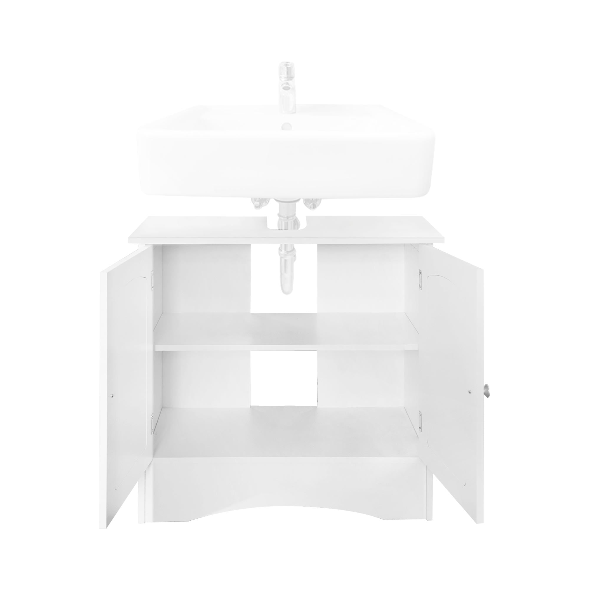 Meuble sous-vasque blanc avec lavabo, deux portes et un compartiment ouvert.