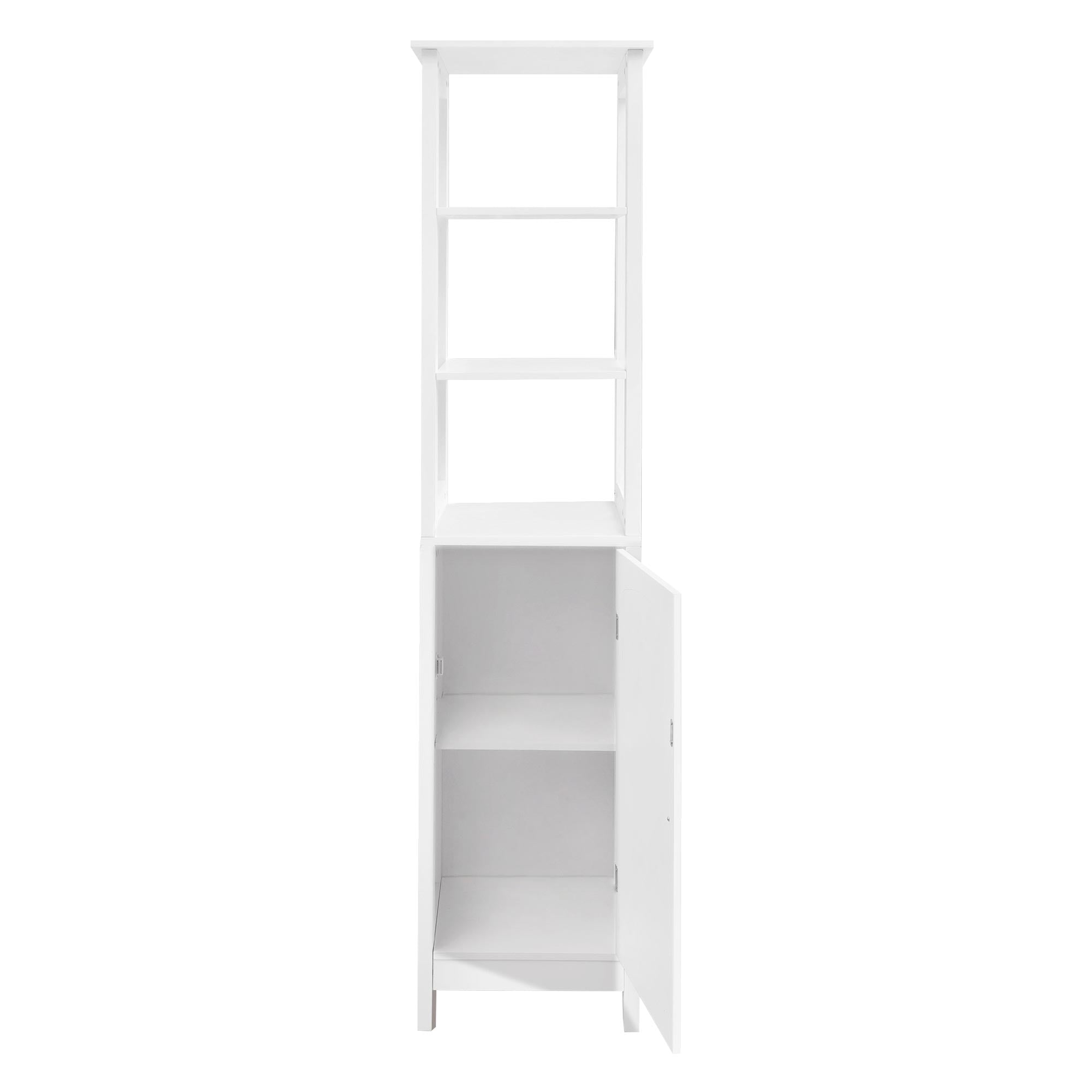 Armadio stretto e bianco con mensole e una porta.
