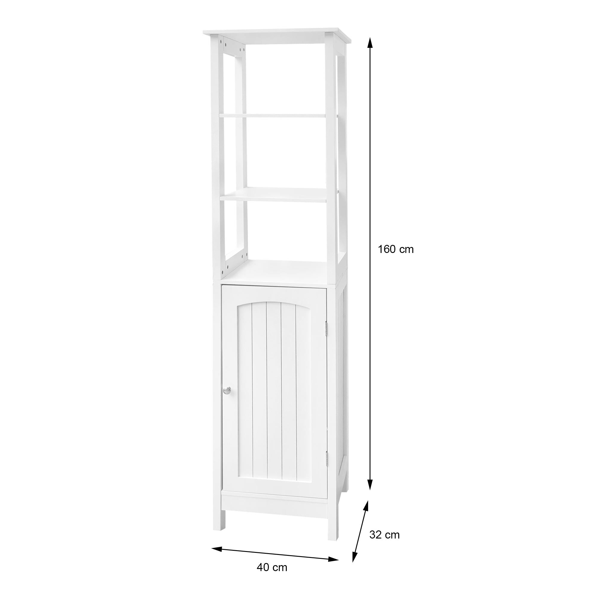 Armadio alto e bianco con porta e mensole aperte.