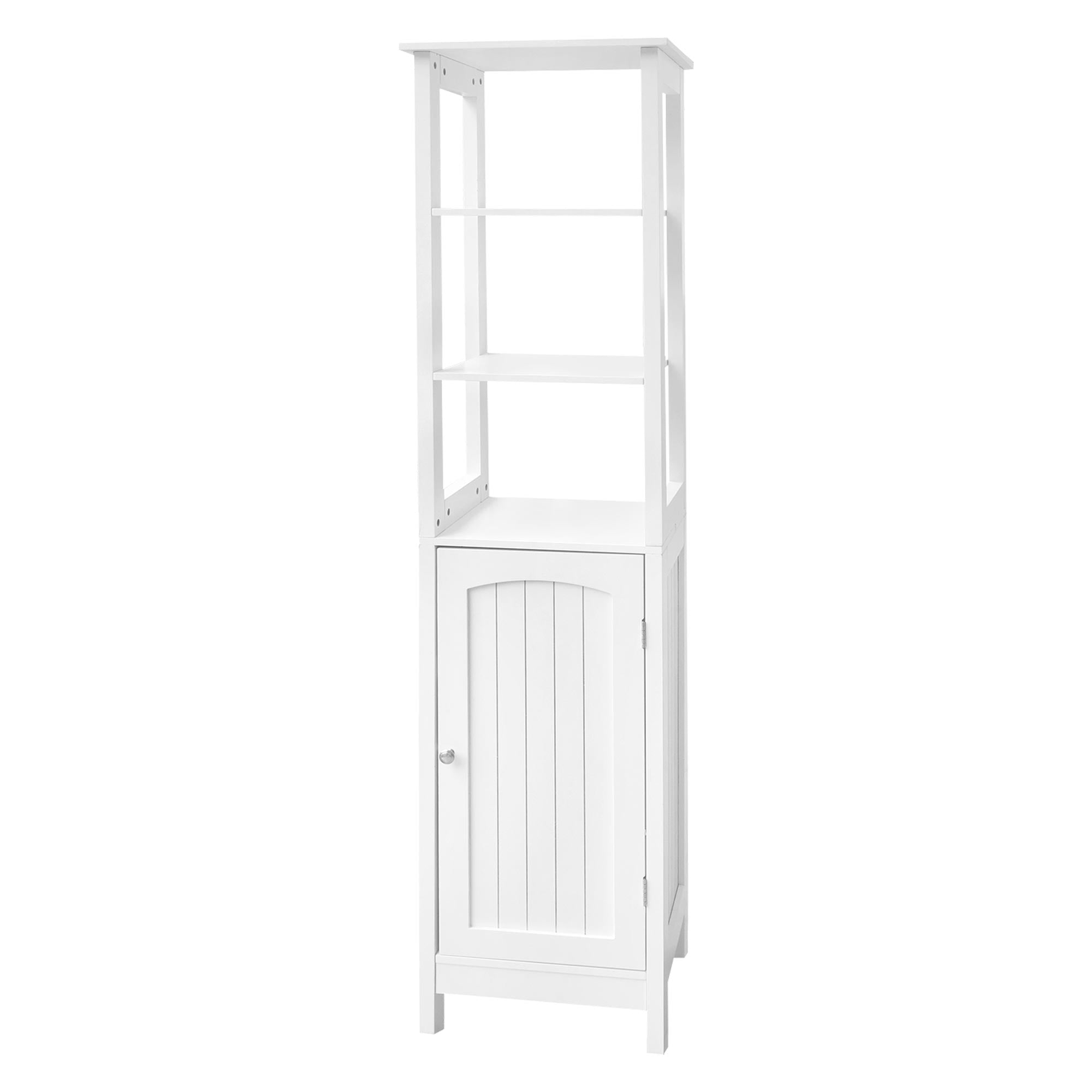 Armadio alto bianco con due ripiani aperti e una porta.