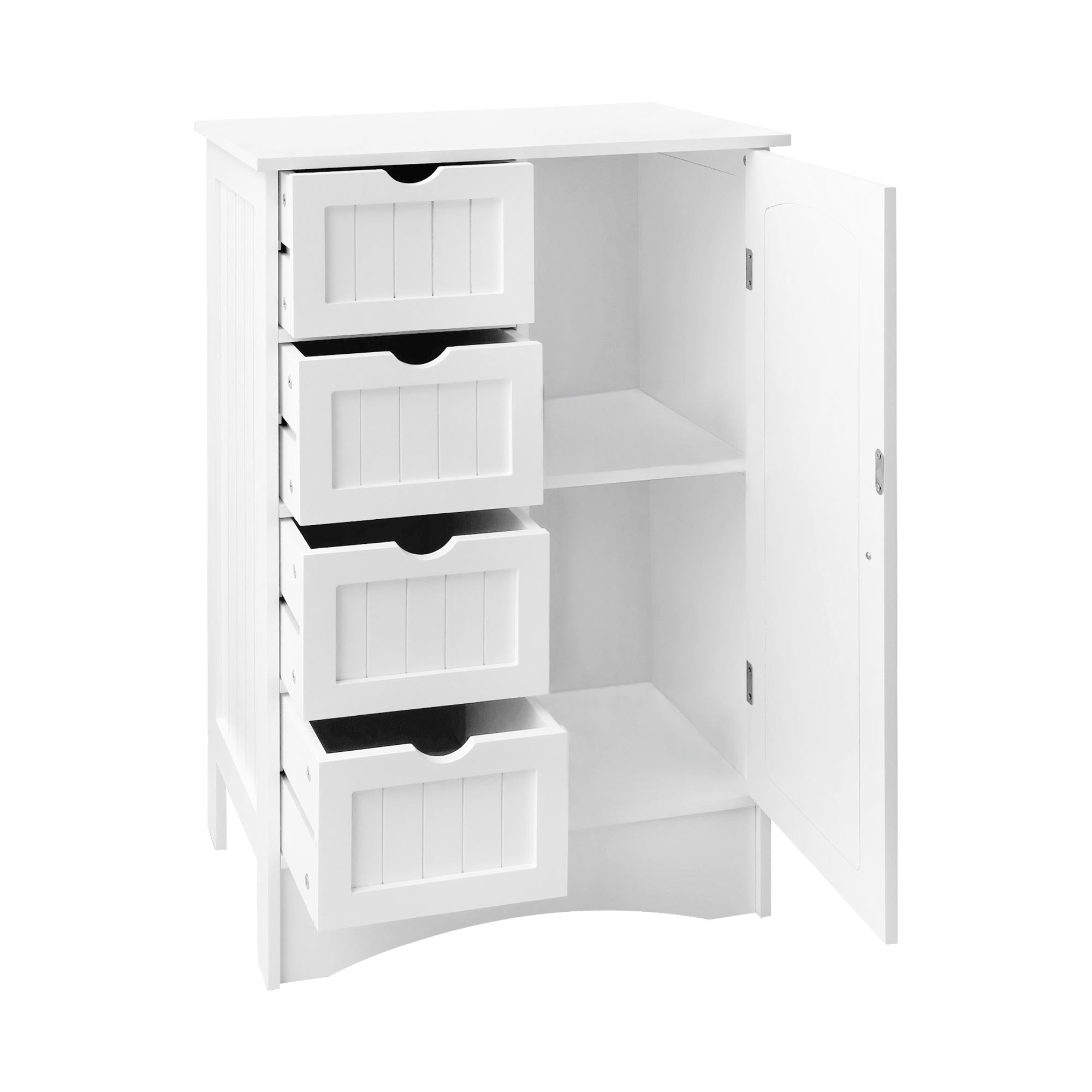 Ein offener weißer Schrank mit vier Schubladen und einem leeren Fach.