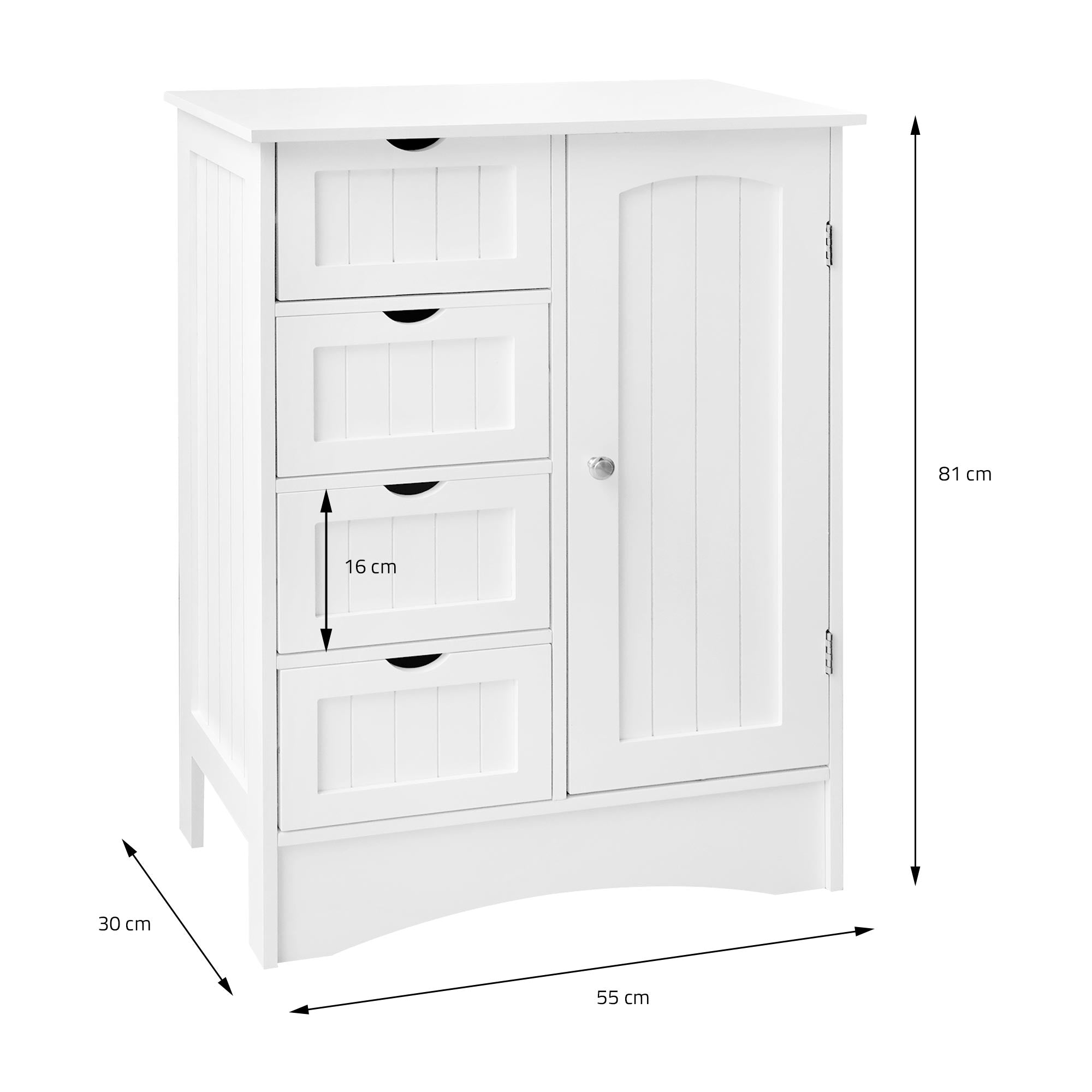 Un armario blanco con cuatro cajones y una puerta, vista detallada.