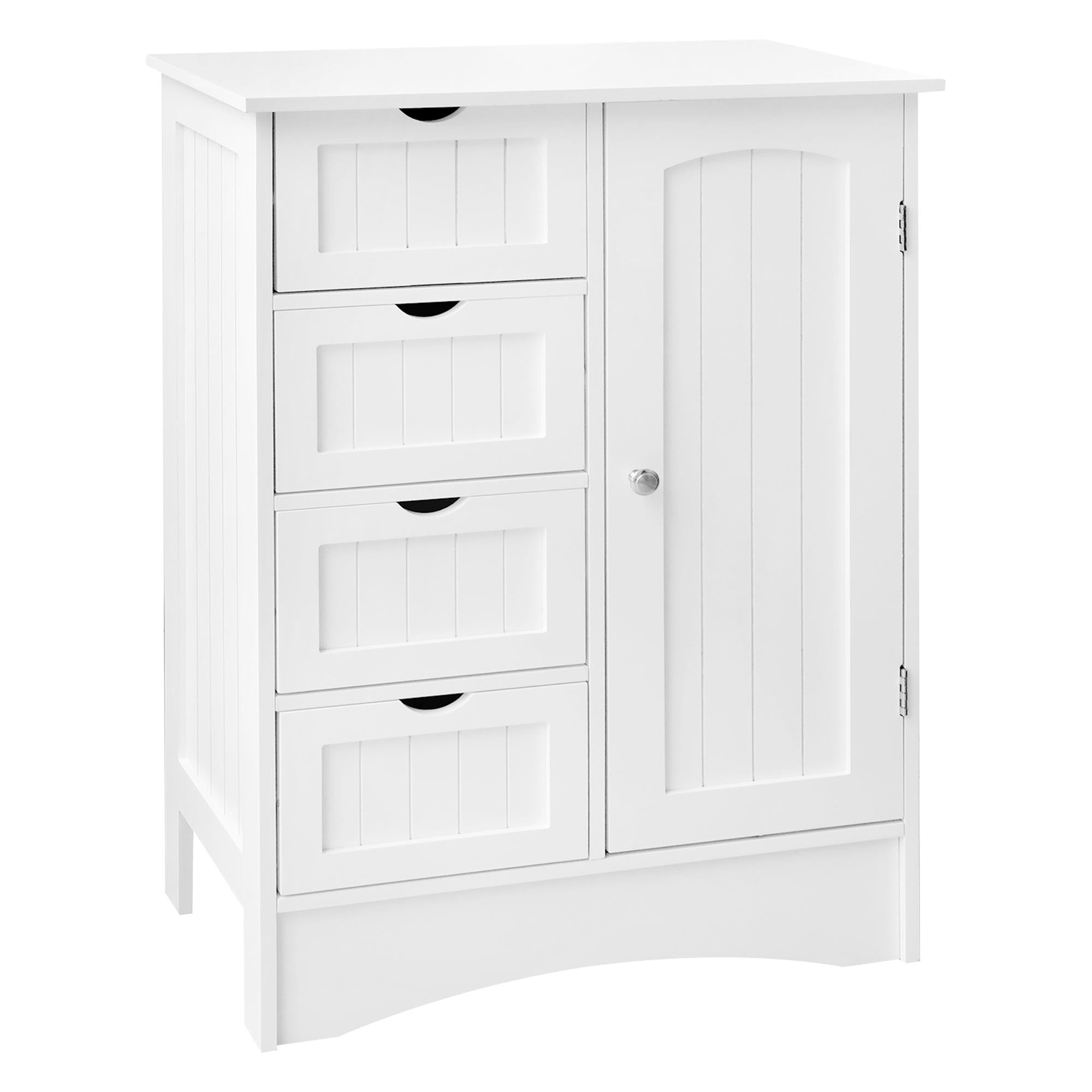 Un armadio bianco con quattro cassetti e una porta sul lato destro.