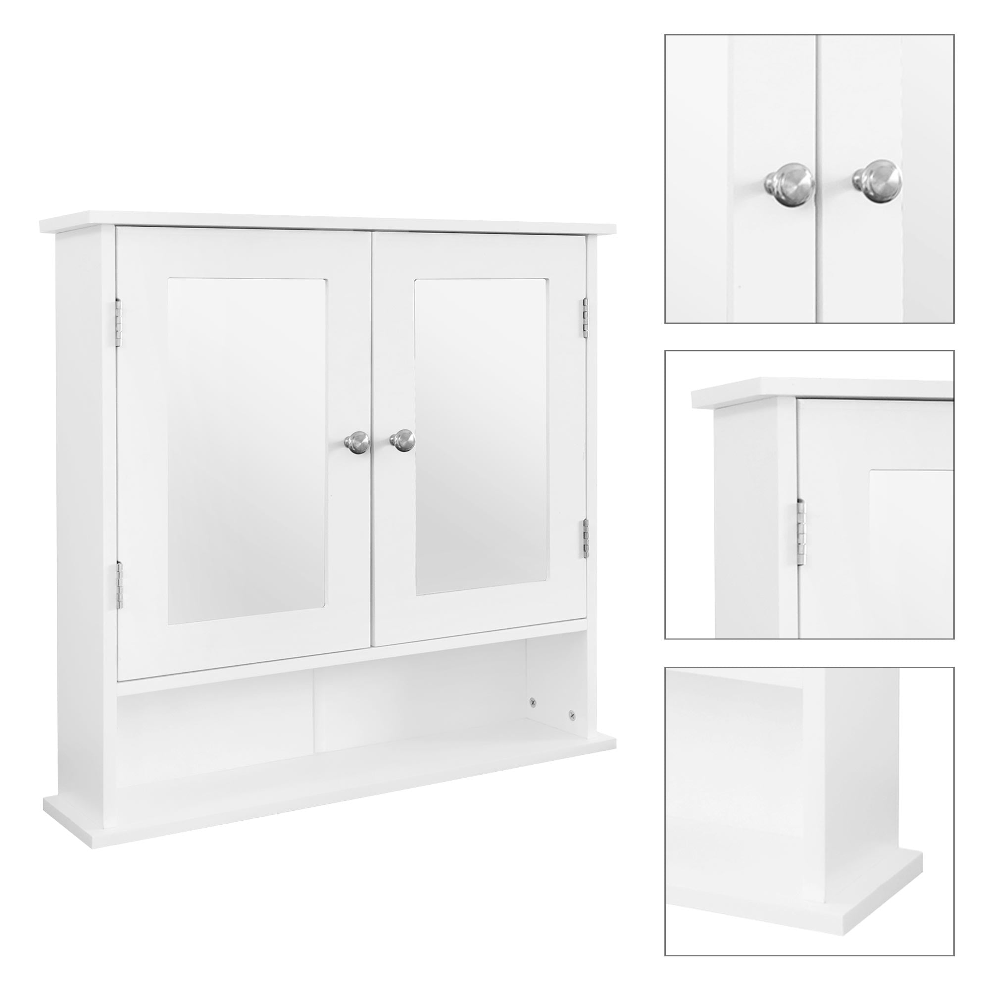 Un armadio bianco con due porte a specchio e un ripiano aperto sottostante.