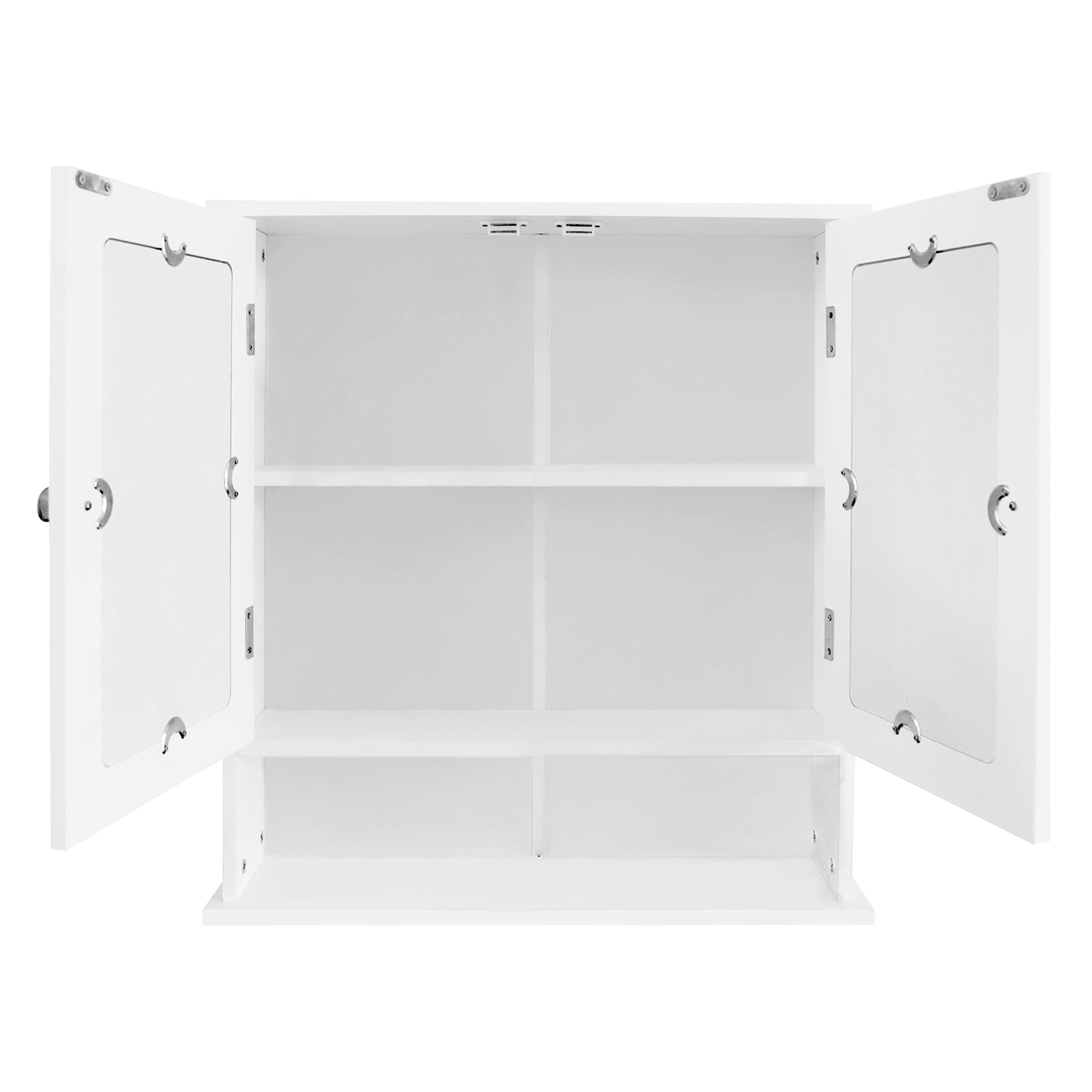 Offener Schrank mit zwei Spiegeltüren und drei Fächern im Inneren.