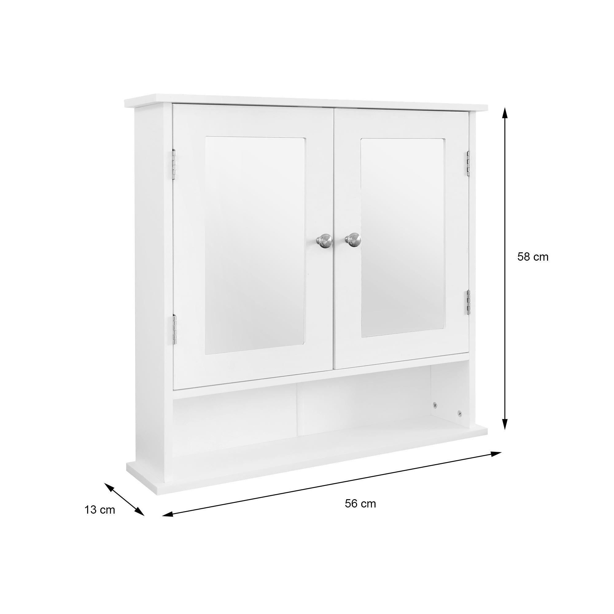 Weißer Schrank mit zwei Spiegeltüren und einem offenen Fach darunter.