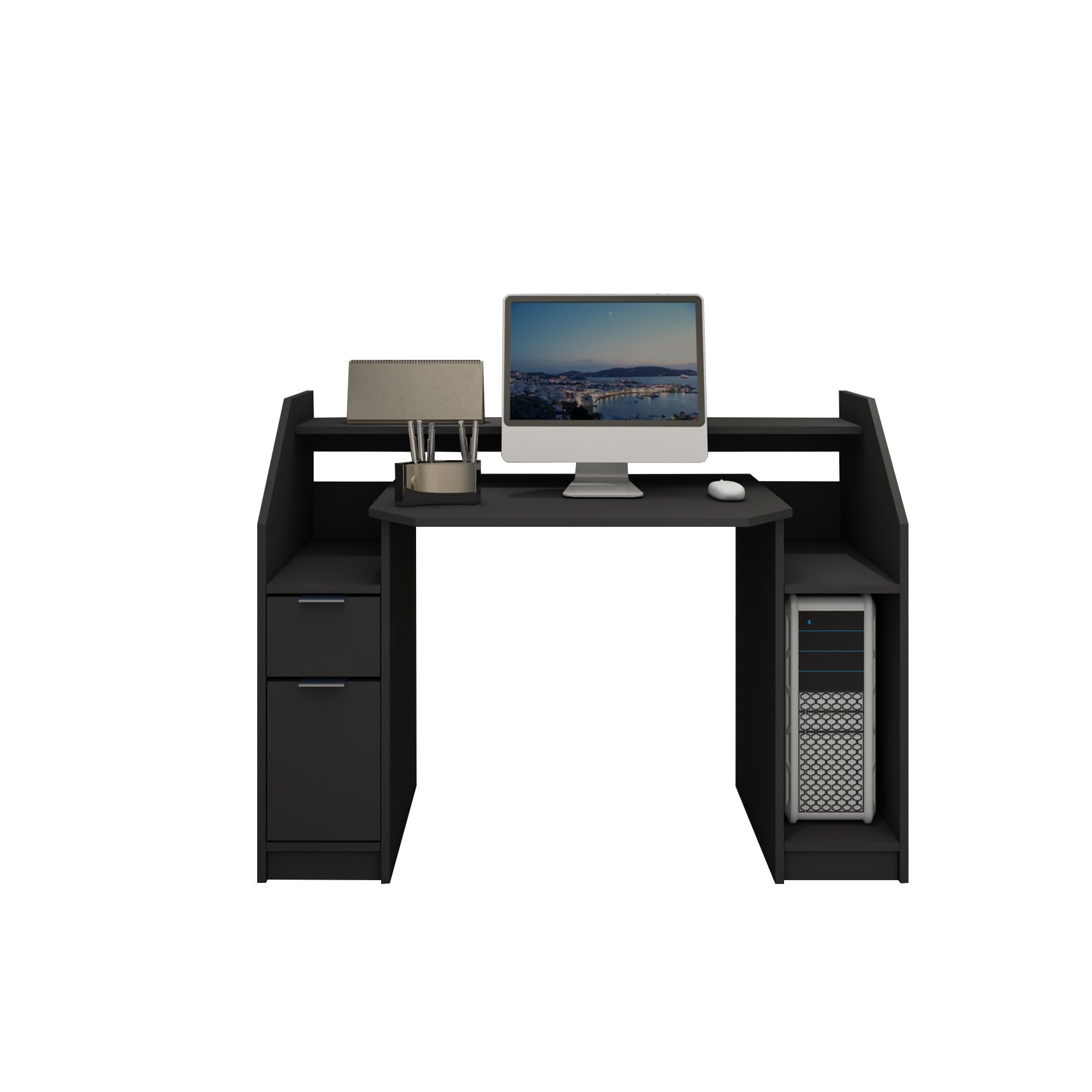 Schreibtisch mit Computer, Lampe und Schubladen in Schwarz.
