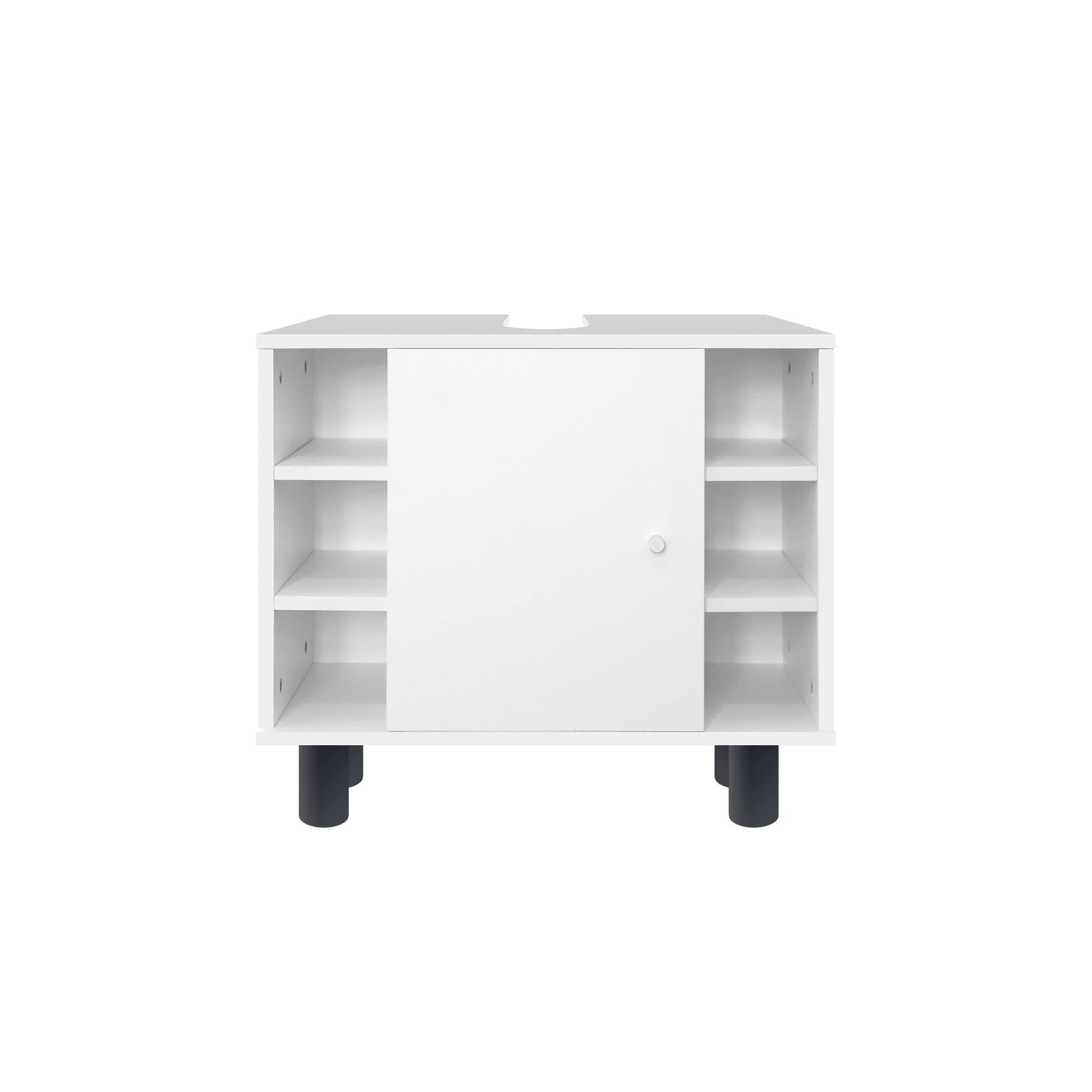 Armadio bianco con diversi ripiani e una porta.