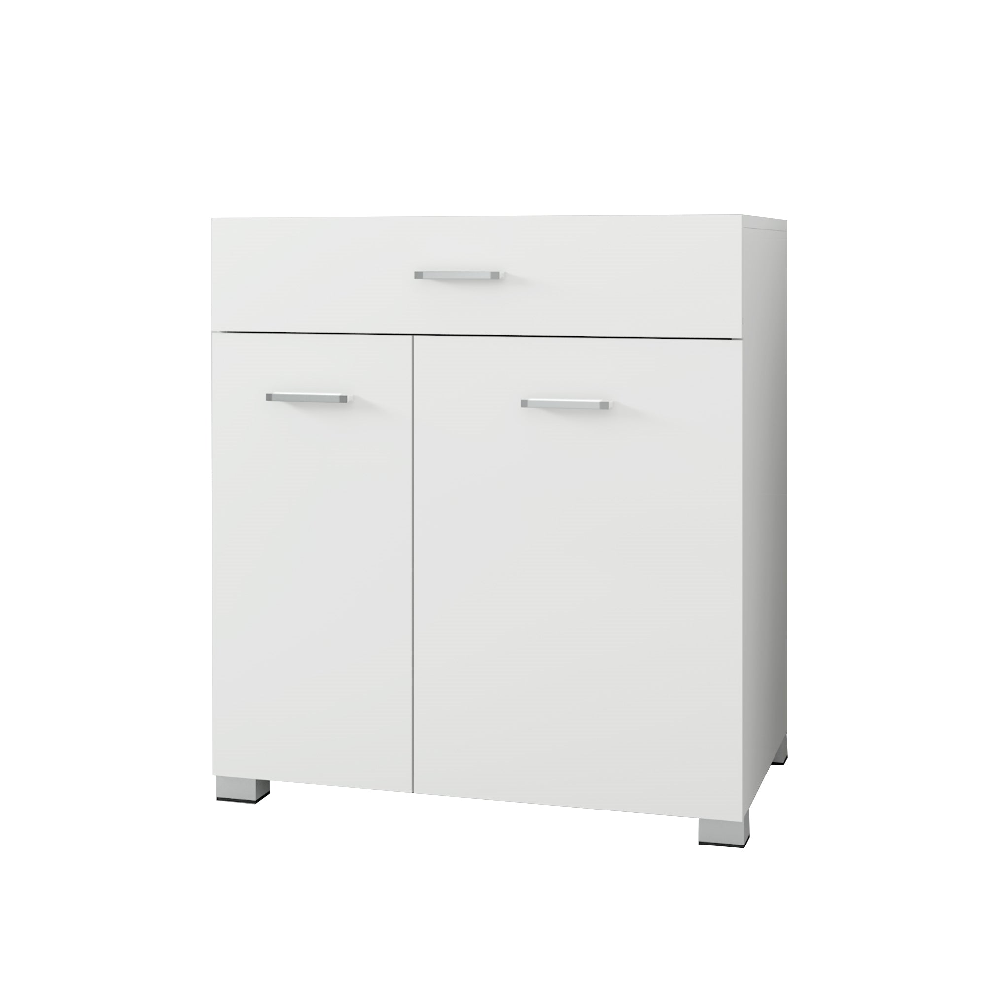 Weißer Schrank mit zwei Türen und einer Schublade.
