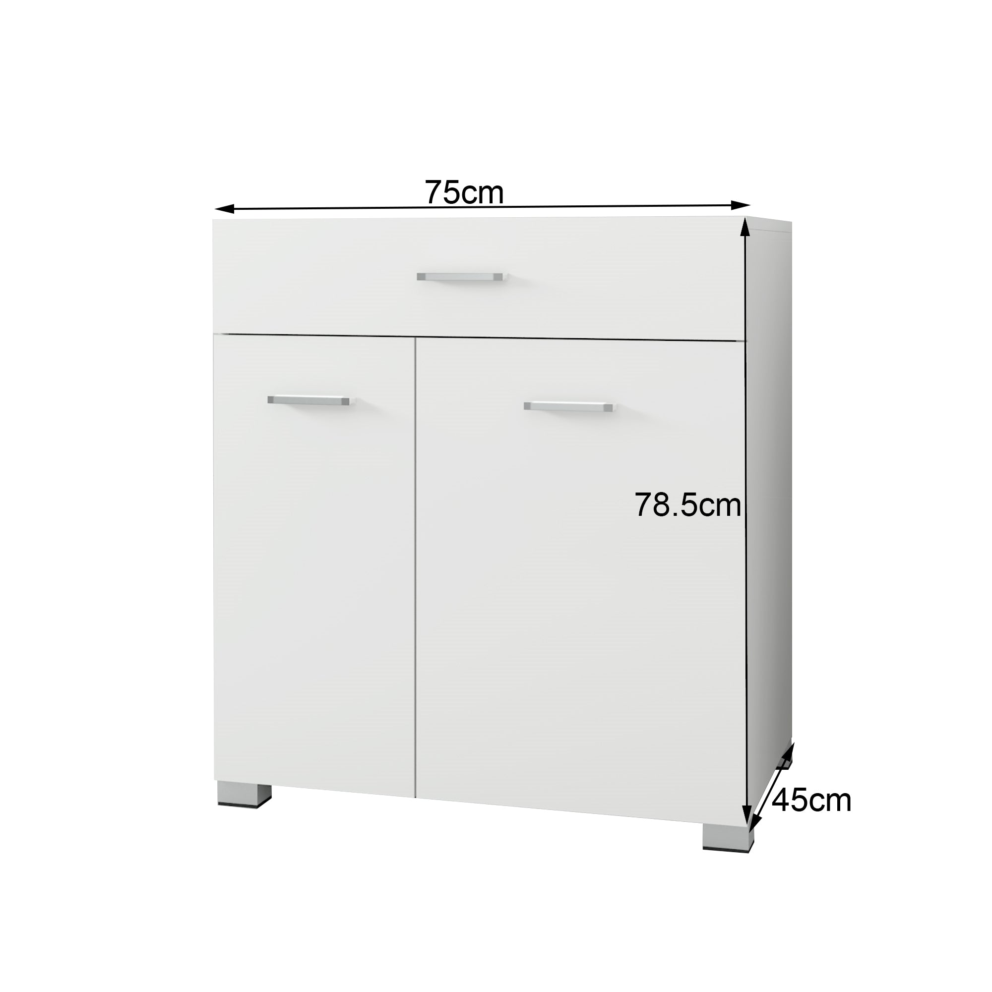 Weißer Schrank mit zwei Türen und einer Schublade, Maße: 75cm x 45cm x 78.5cm.