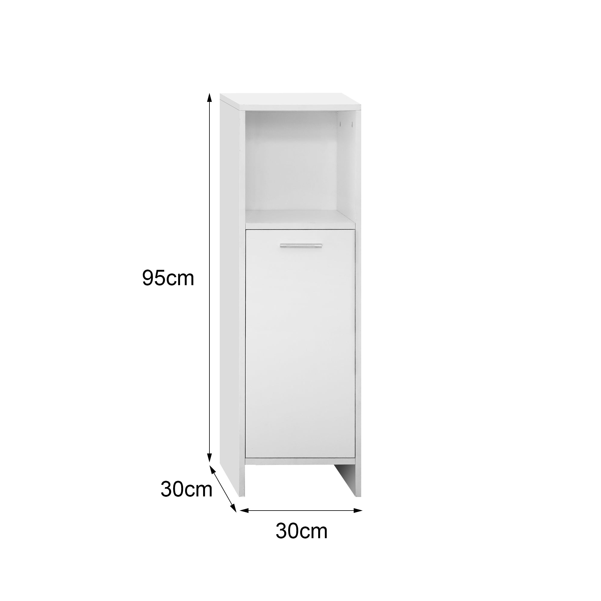 Maßzeichnung eines schmalen, weißen Schranks mit 95cm Höhe und 30cm Breite.