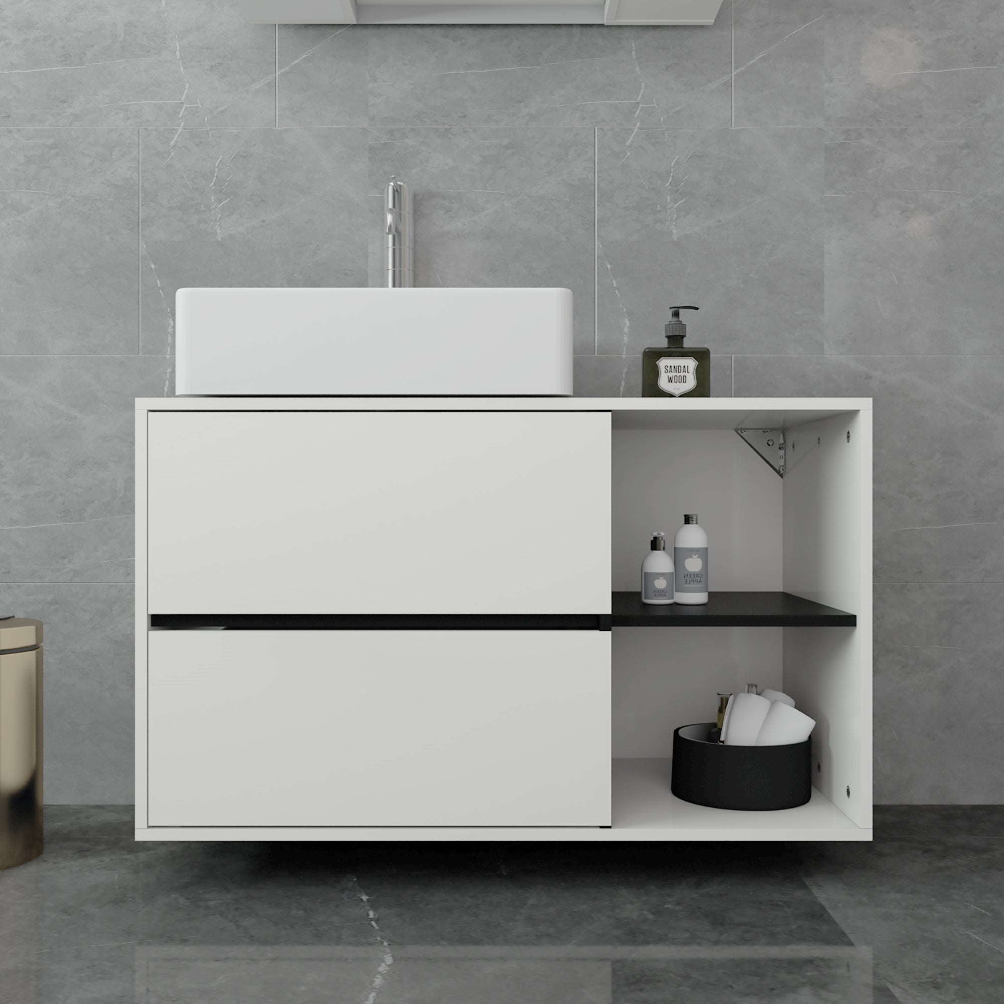 Muebles de baño modernos y blancos con lavabo y dos cajones.