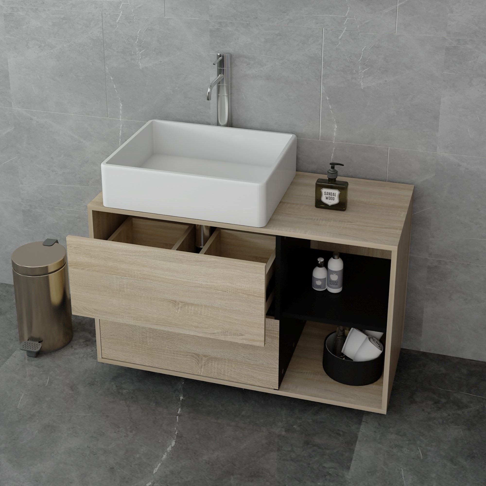 Mobile lavabo in legno con cassetti e ripiano aperto.