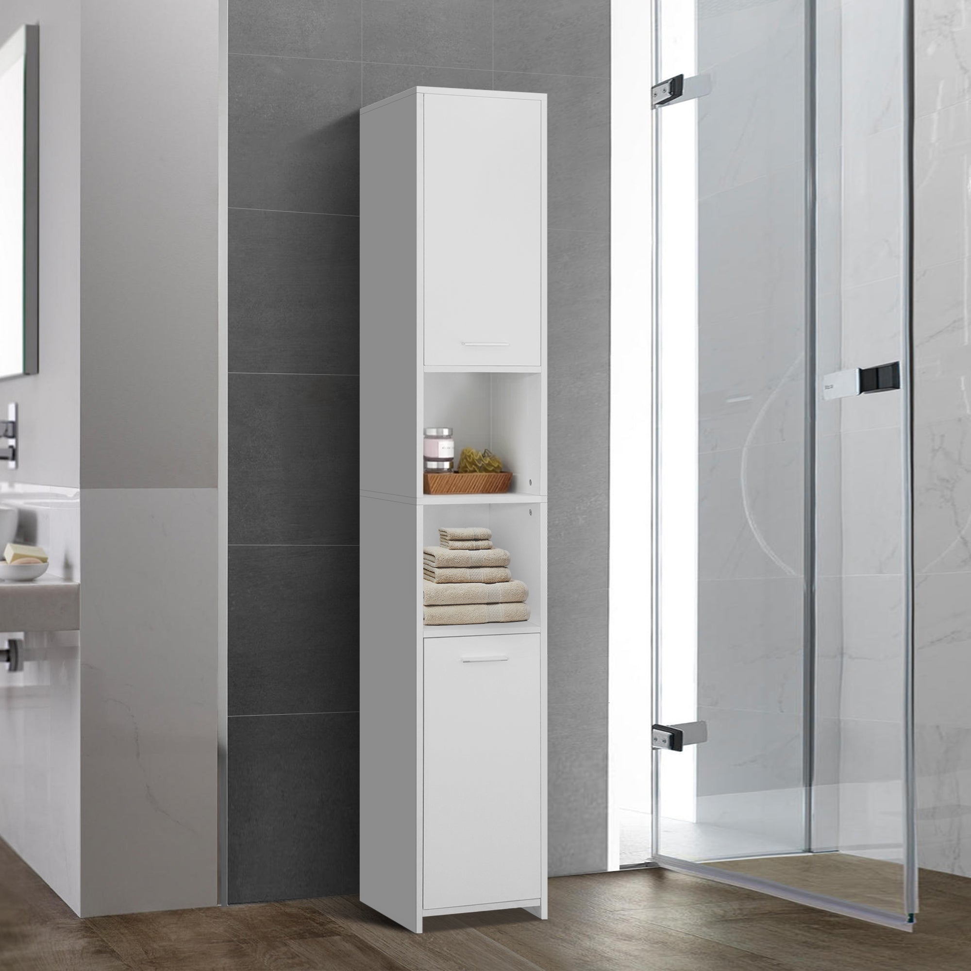 Schmaler, weißer Schrank mit zwei offenen Fächern und zwei Schubladen.