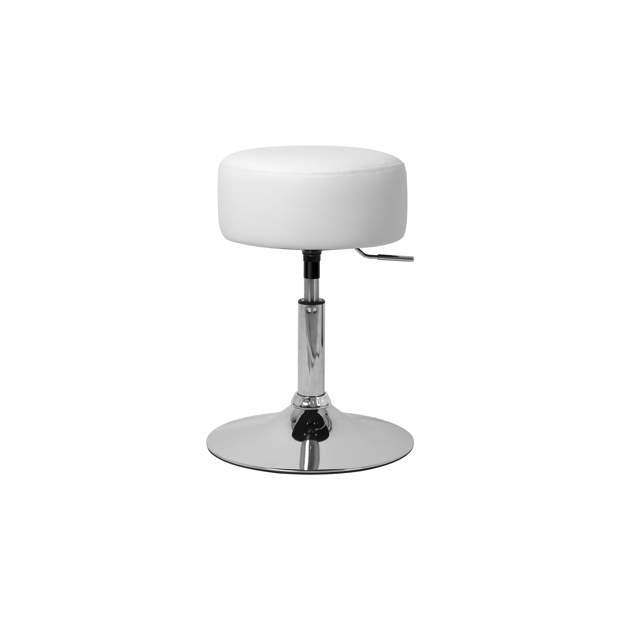 Tabouret blanc avec assise ronde et pied réglable.