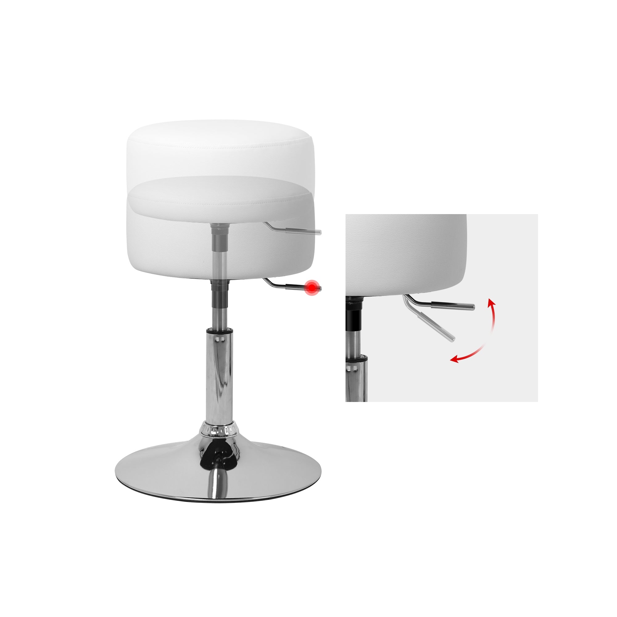 Vue détaillée d'un tabouret avec levier pour réglage de la hauteur.