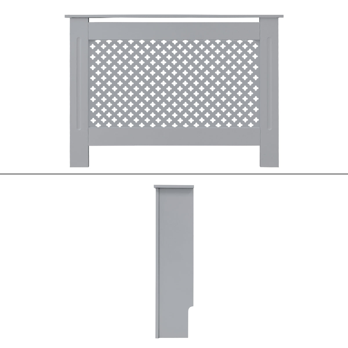 Gray room divider with lattice pattern, consisting of two parts.
