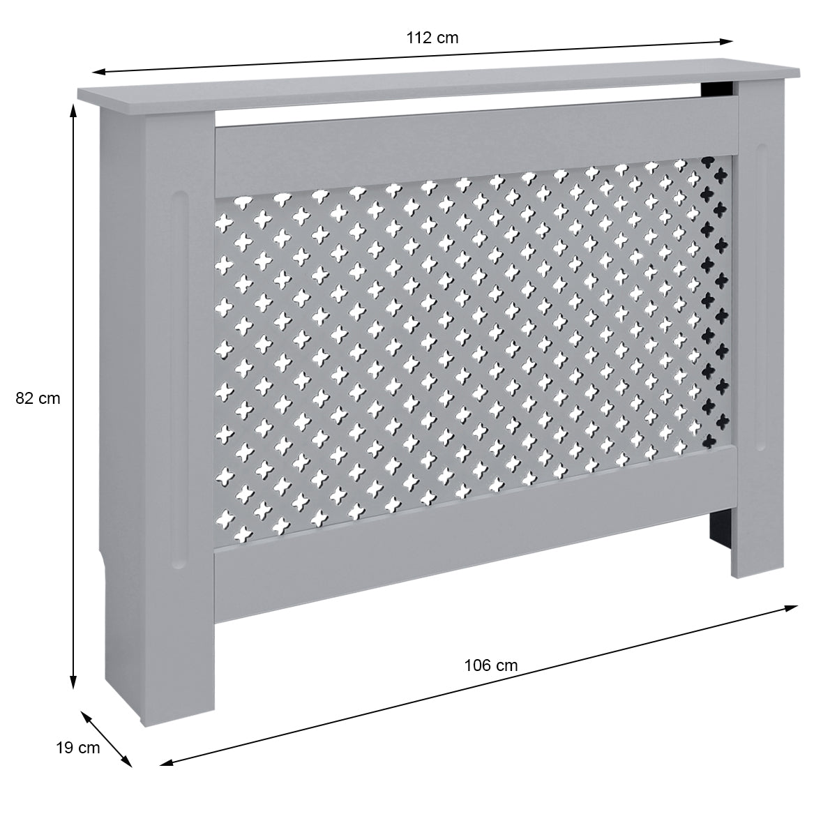 Gray radiator cover with measurements and perforated pattern.