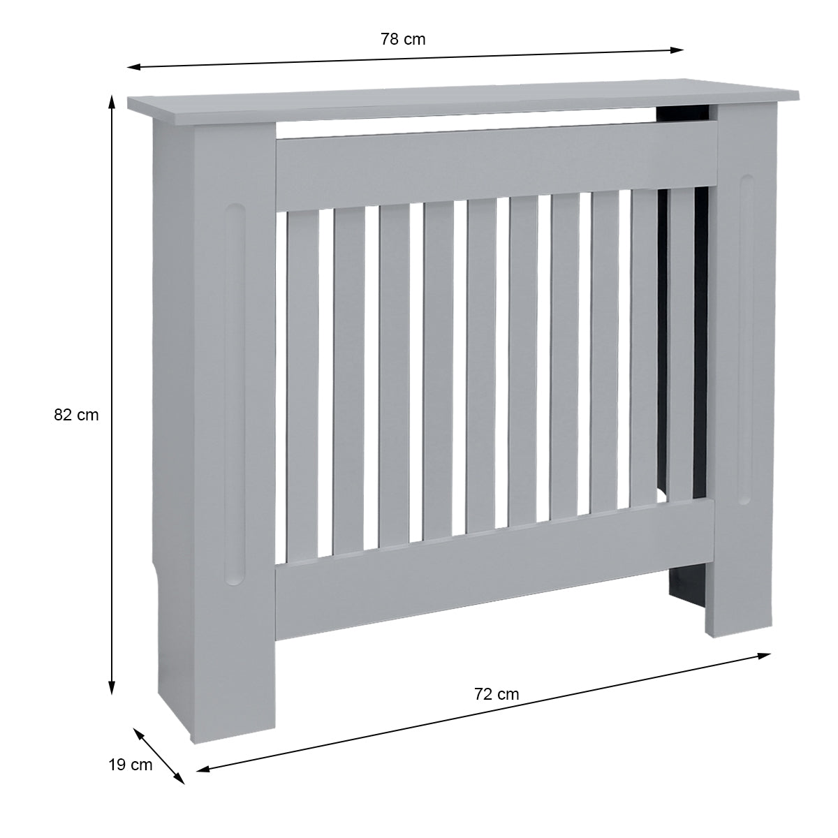 Copertura del radiatore grigia con dimensioni: 78 cm x 82 cm x 19 cm.