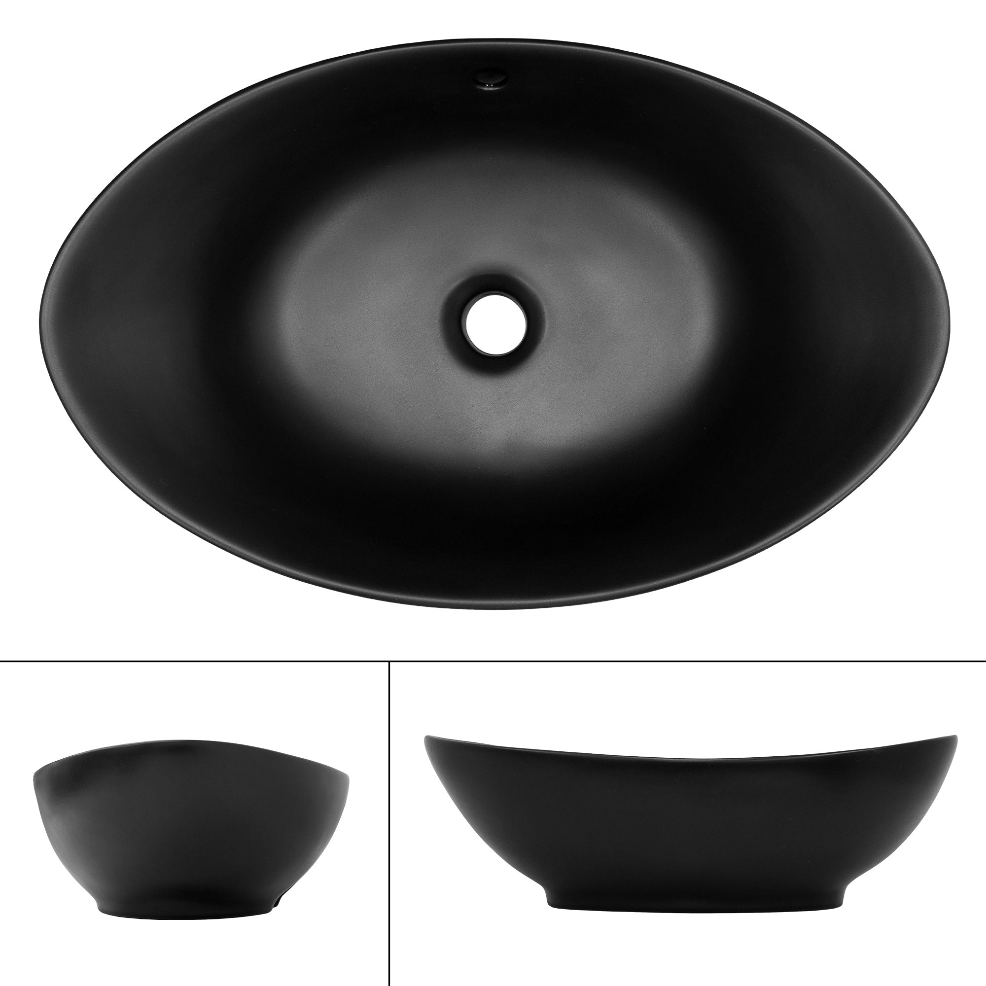 Vista de un lavabo negro desde arriba con abertura de desagüe.
