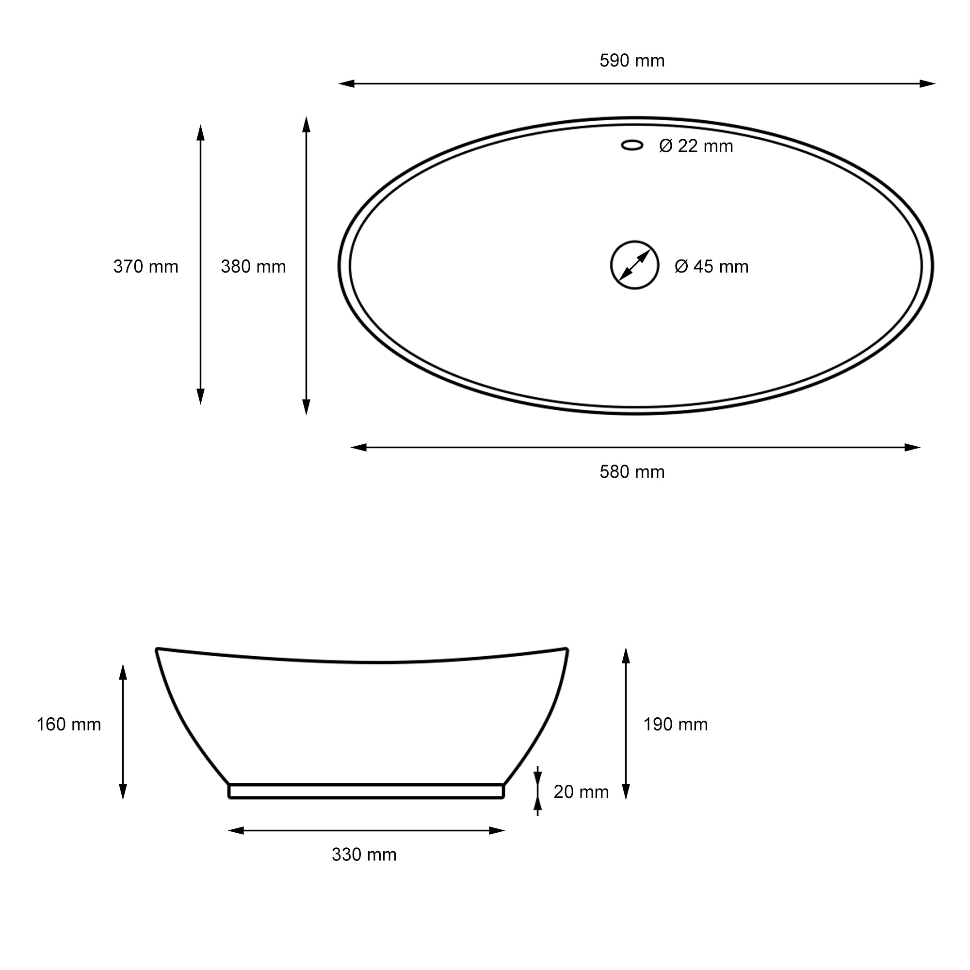 Dibujo técnico de una bañera ovalada con dimensiones.