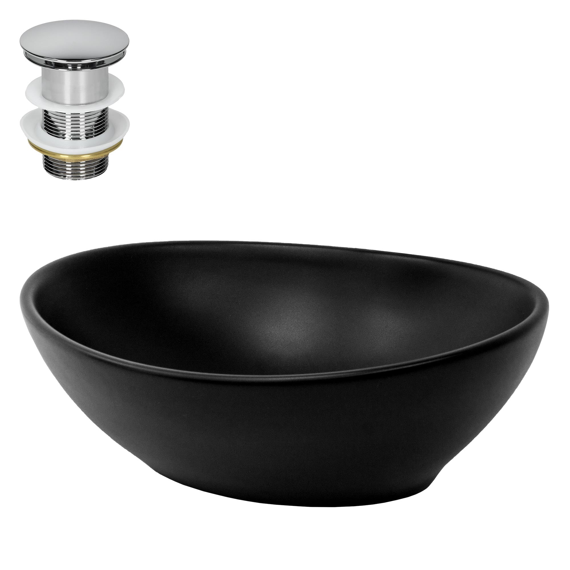 Black wash basin with chrome drain on top.