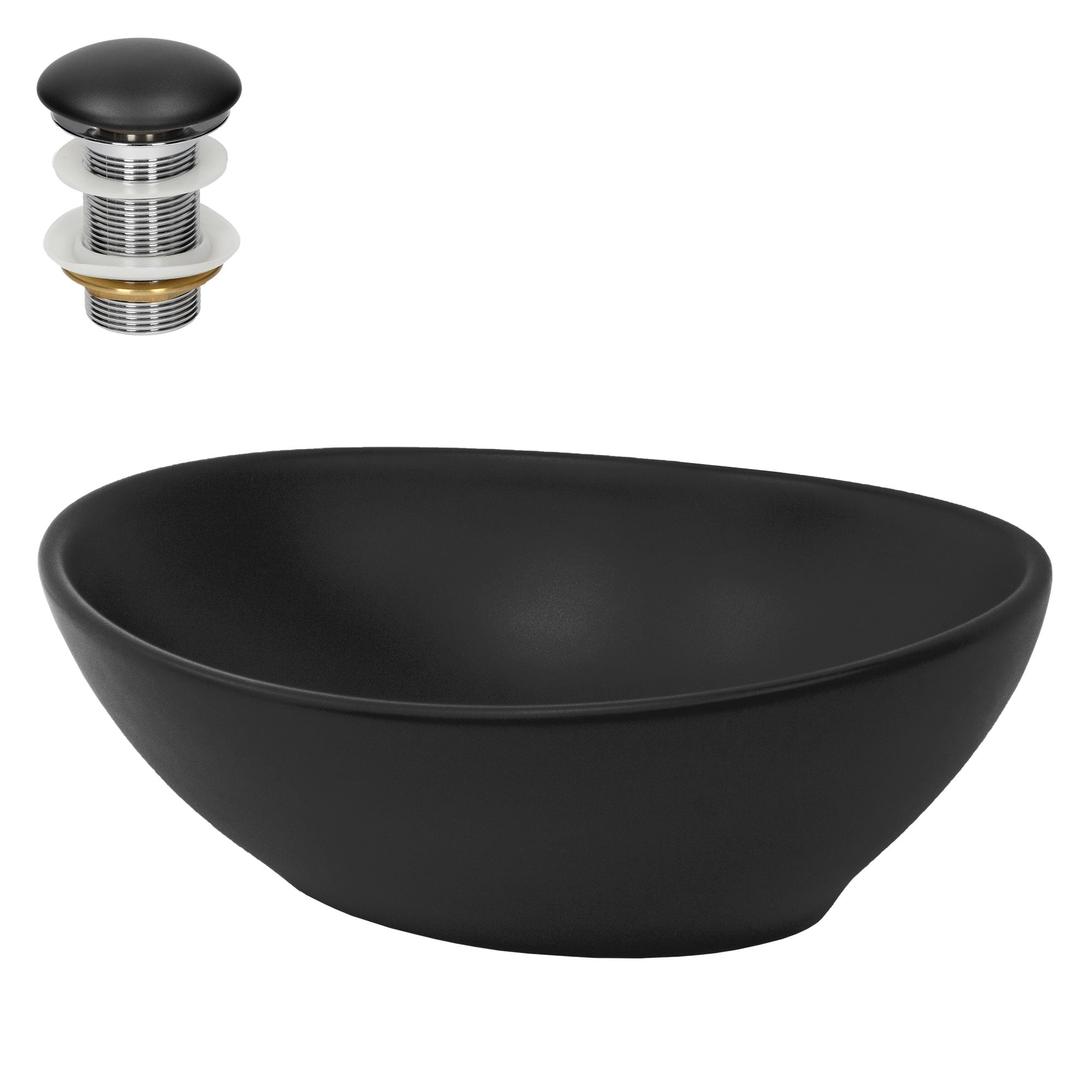 Black oval washbasin with drain set in various colors.