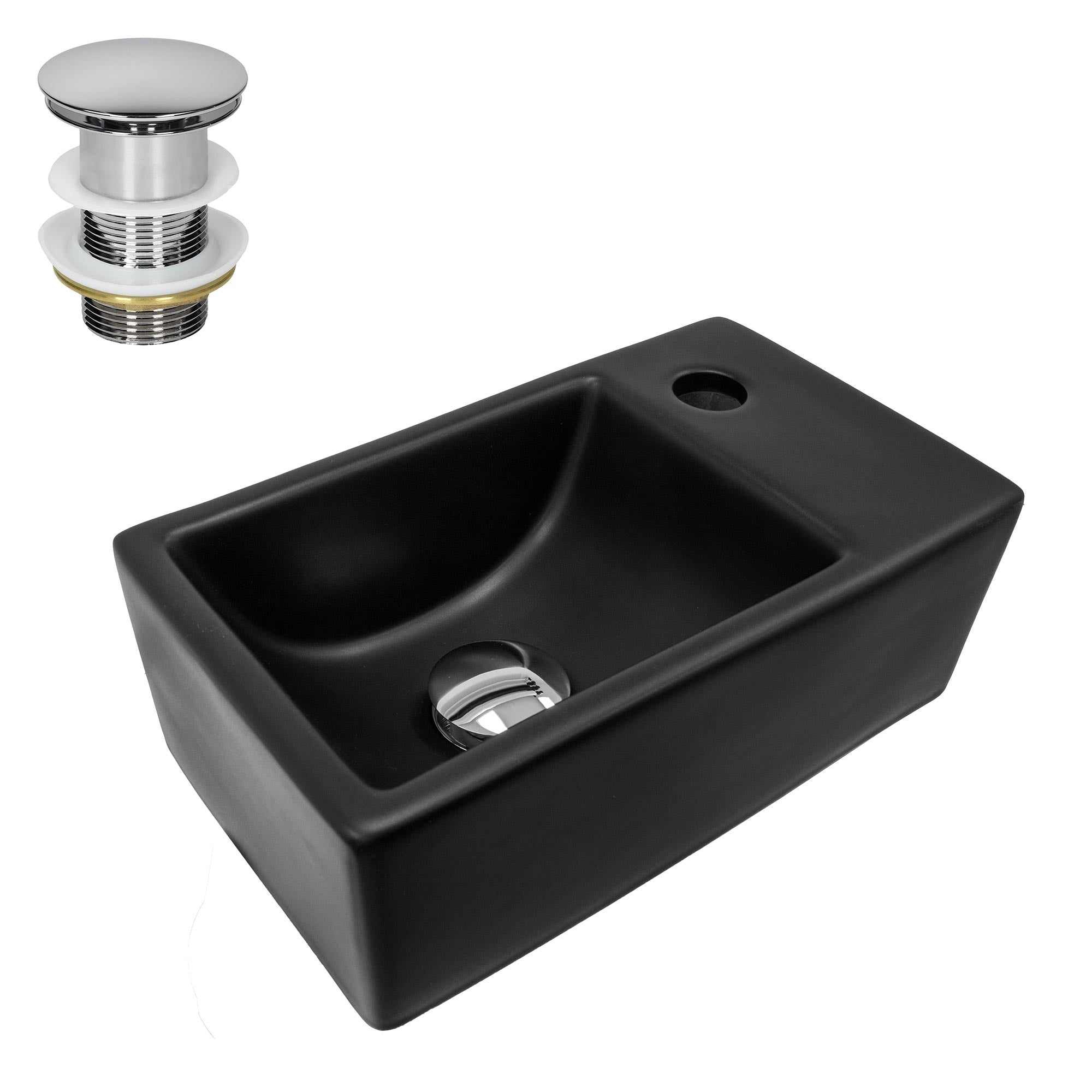 Black sink with drain hole and overflow.