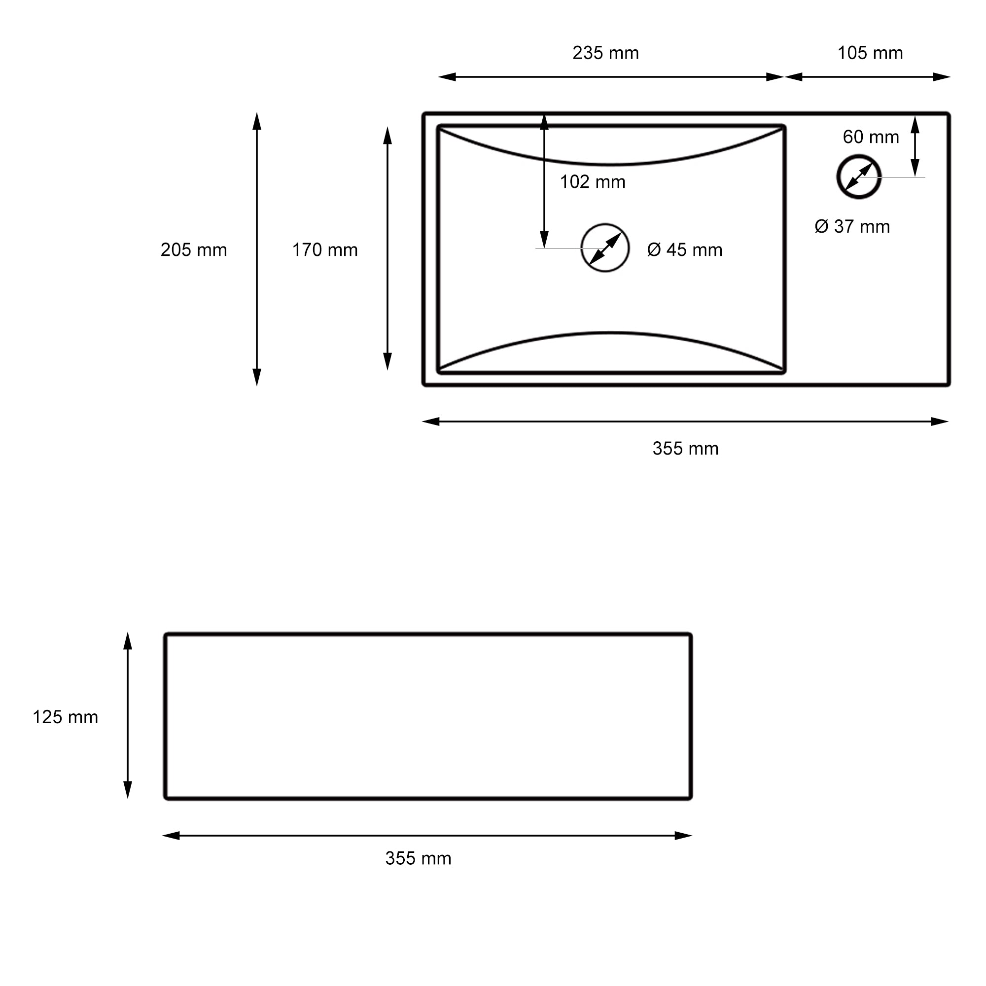 Technical drawing of a rectangular washbasin with dimensions.