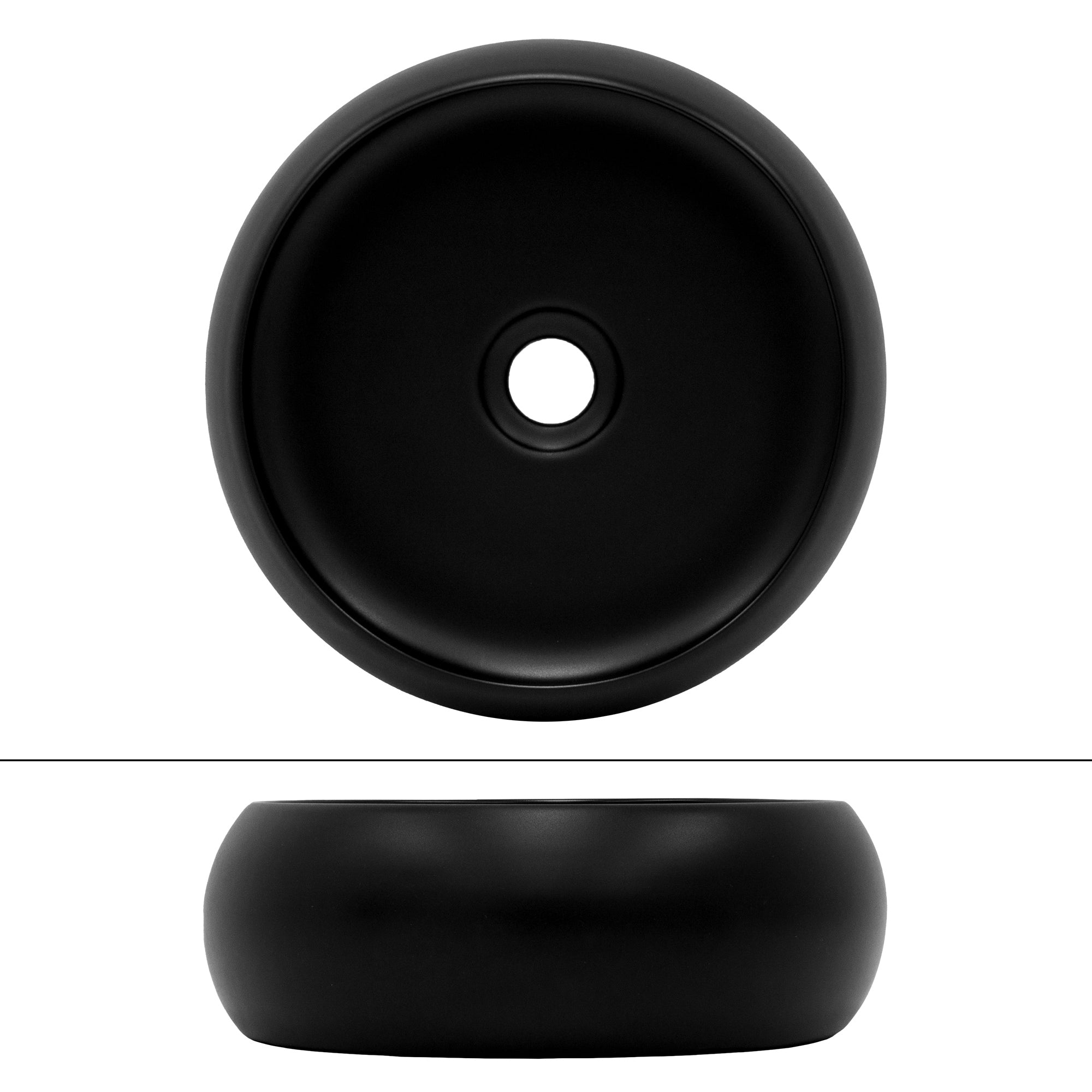 Bassin rond noir vu de dessus, avec un trou central.