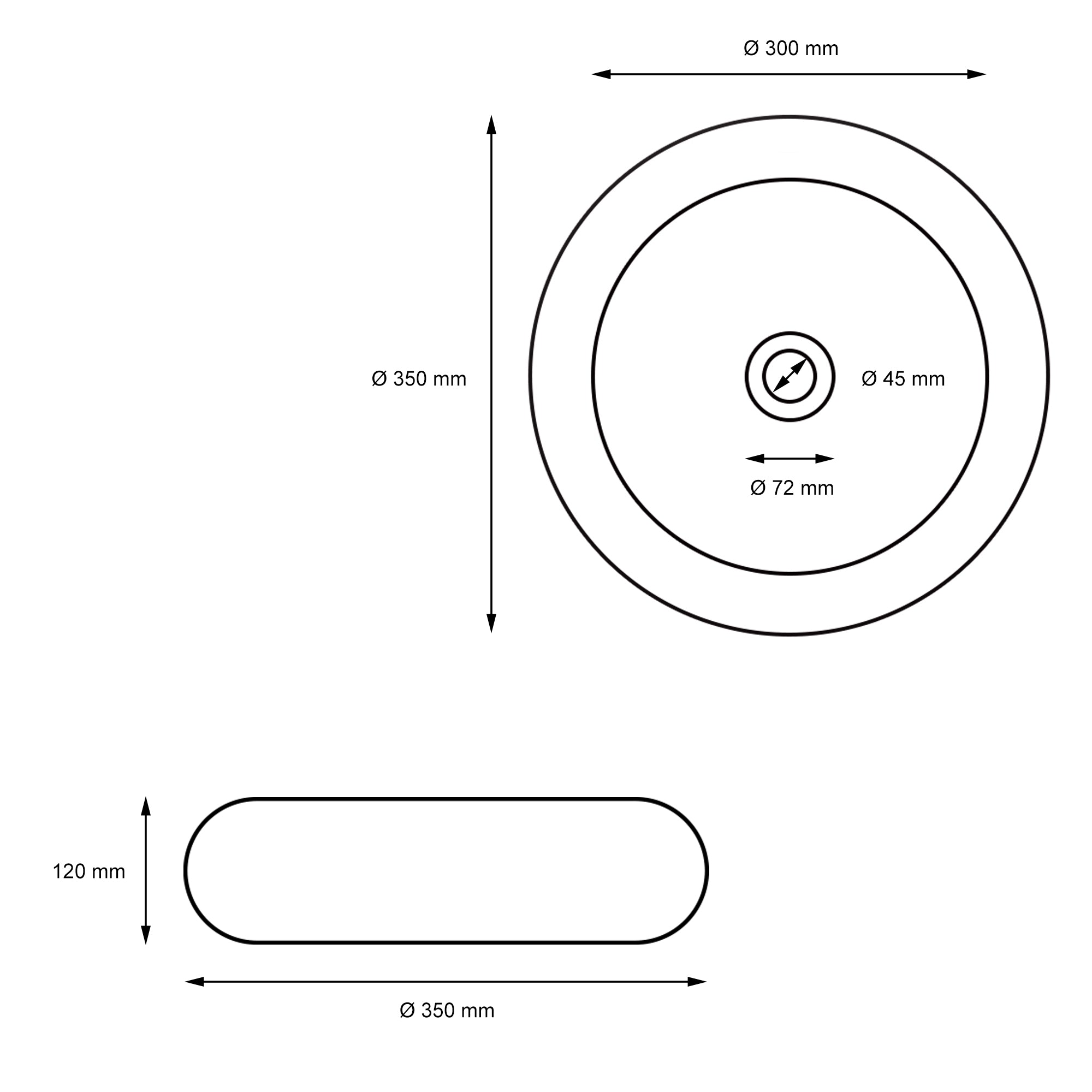 Dessin technique d'un lavabo rond avec dimensions.