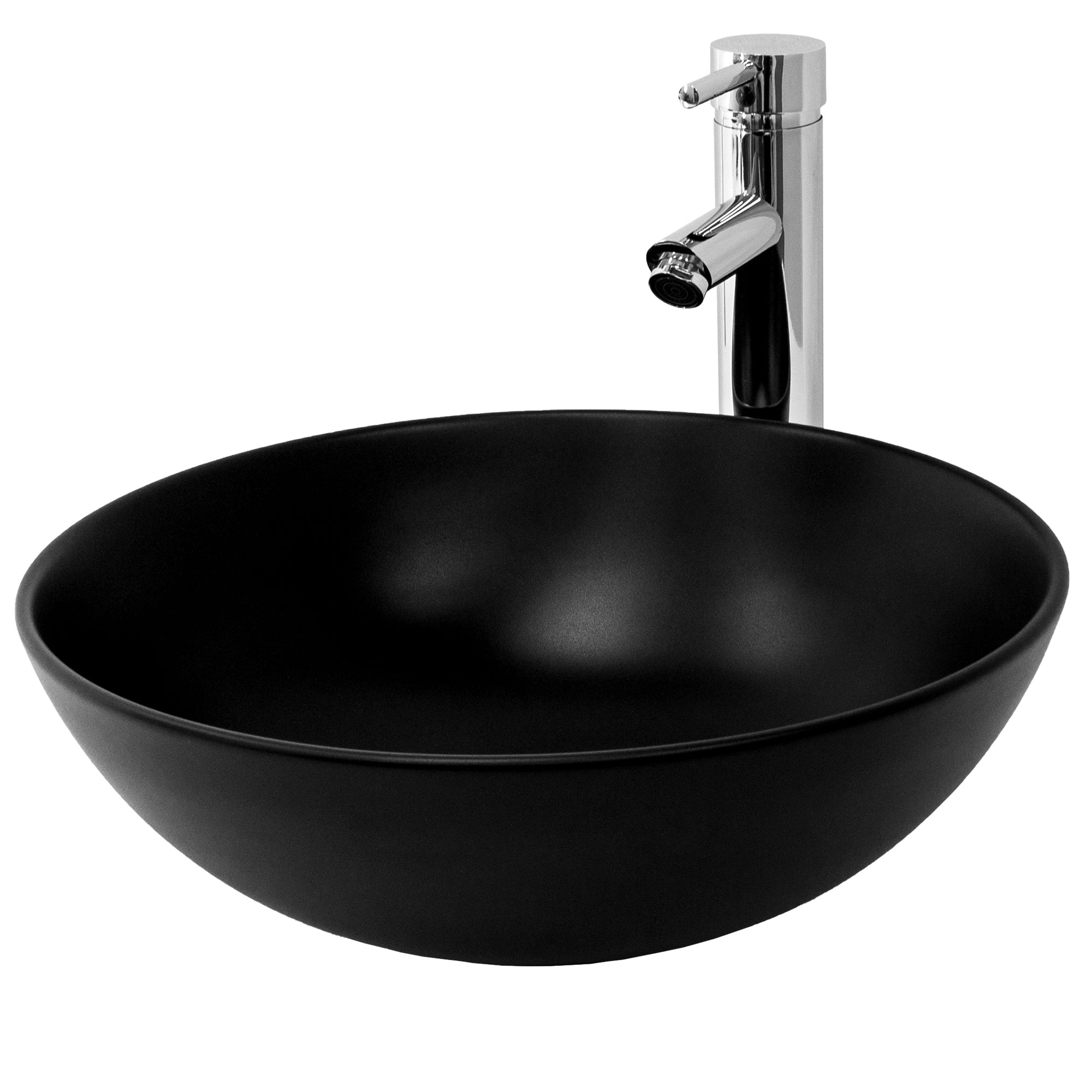 Schwarzes, rundes Waschbecken mit Wasserhahn.