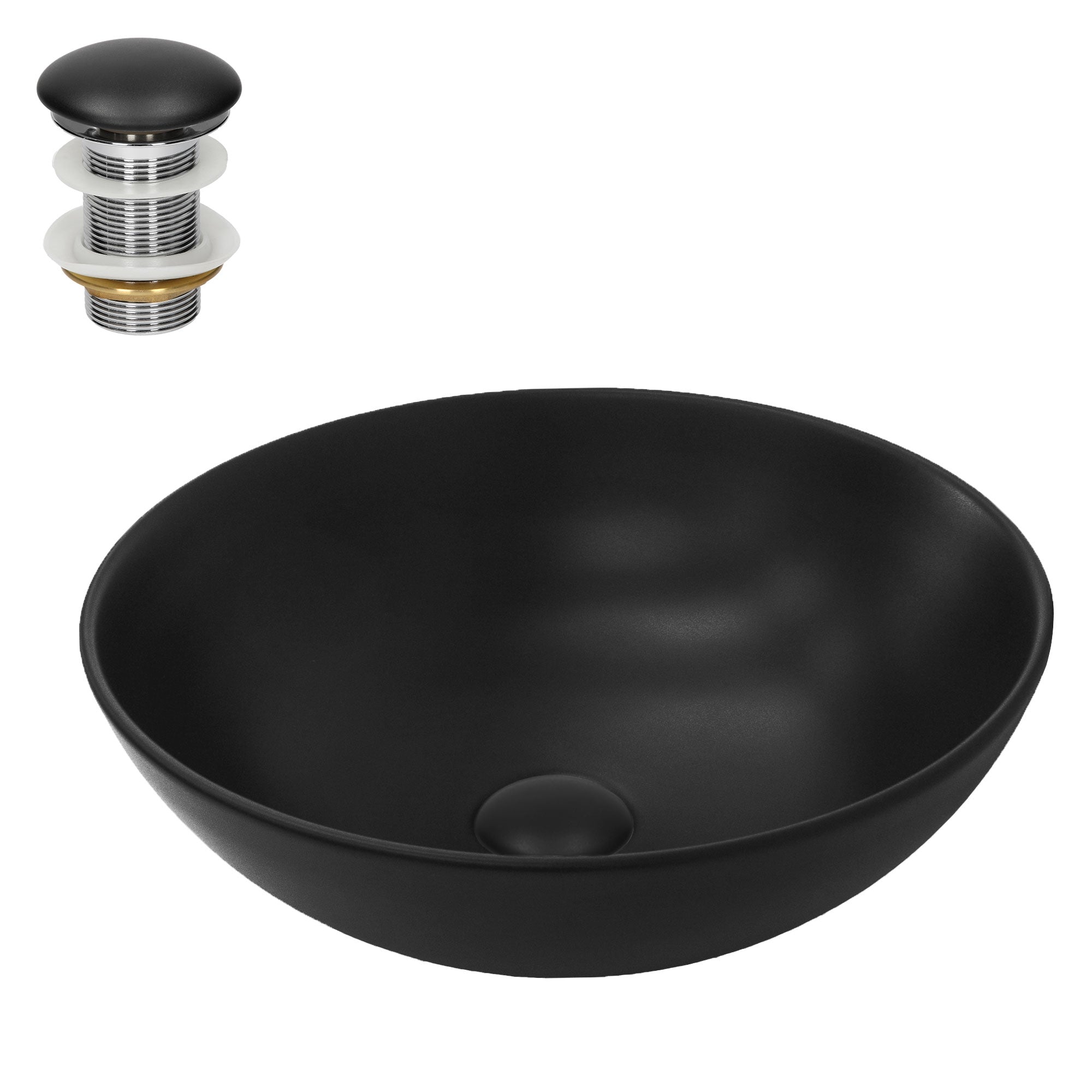 Schwarze, runde Waschschüssel mit Abfluss-Set in verschiedenen Farben.