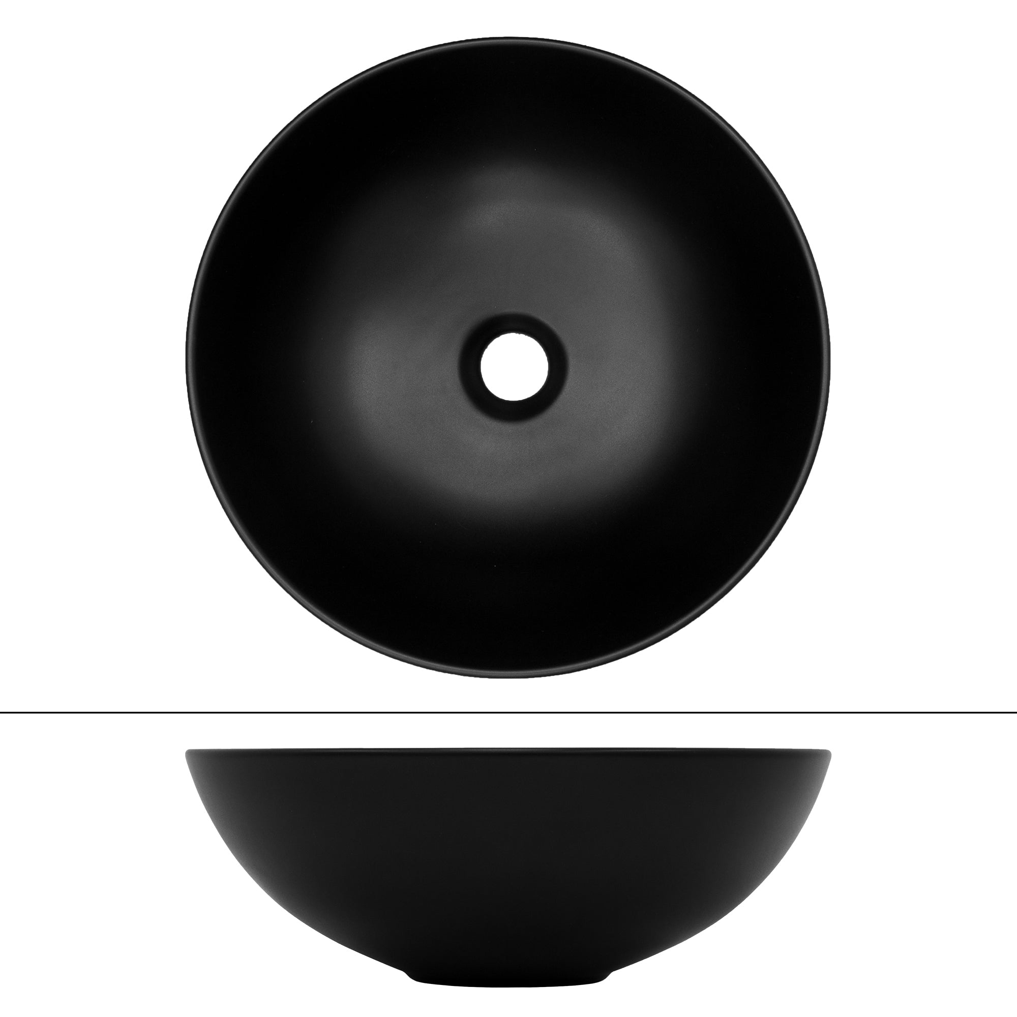 Runde schwarze Waschschüssel mit zentralem Abflussloch.
