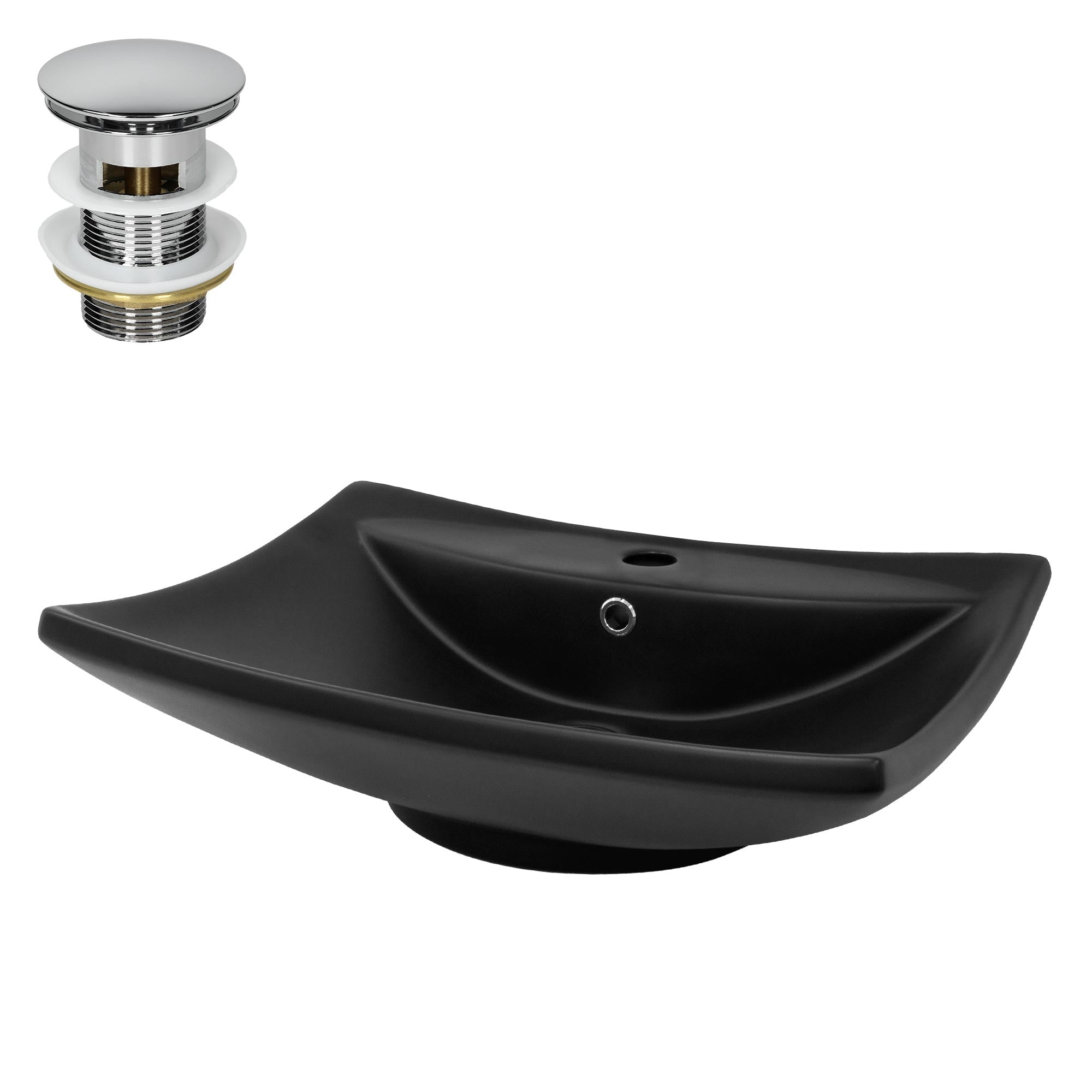 Lavabo negro con componentes de desagüe y rebosadero.