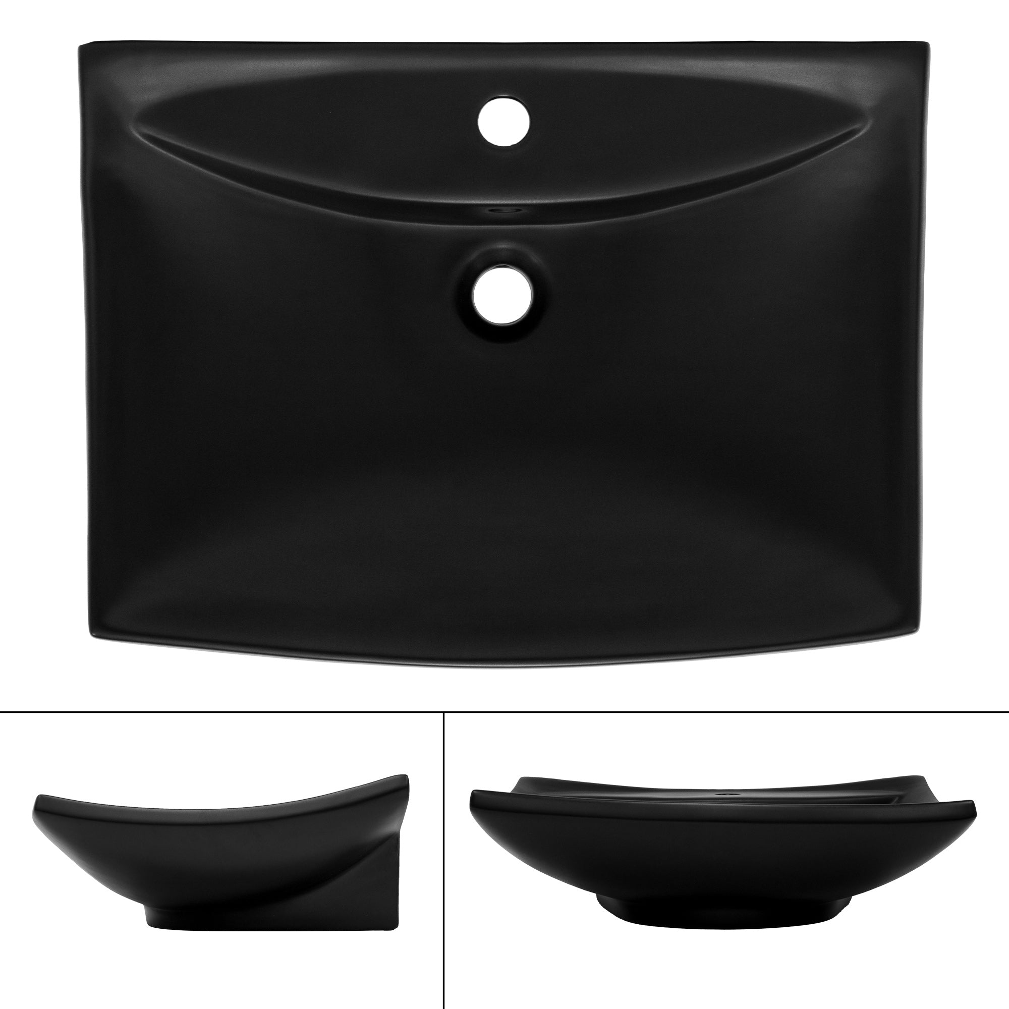 Lavabo negro con un agujero en el centro y bordes redondeados.
